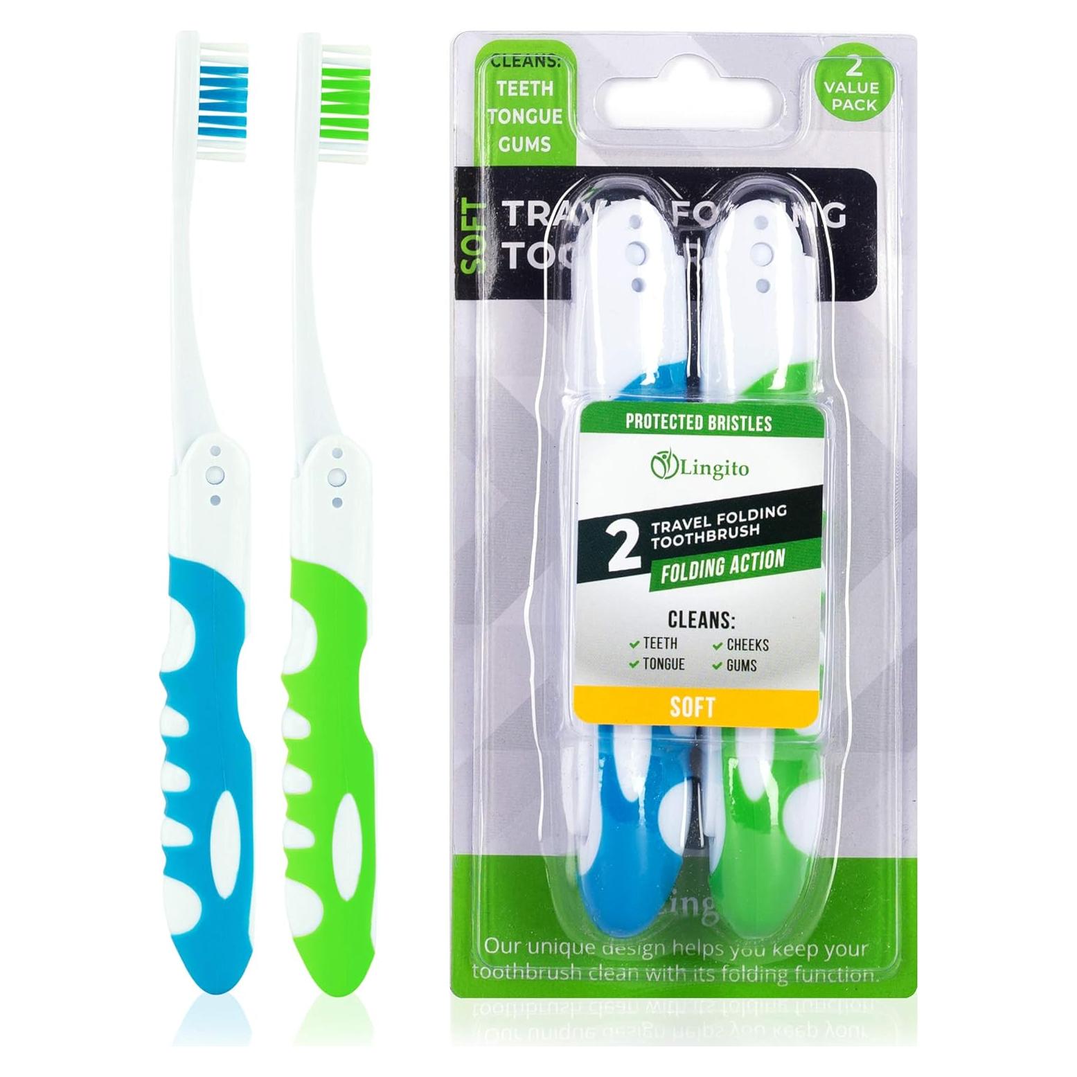 Kit de Cepillos de Dientes de Viaje Lingito Suave Azul-Verde 2 Piezas