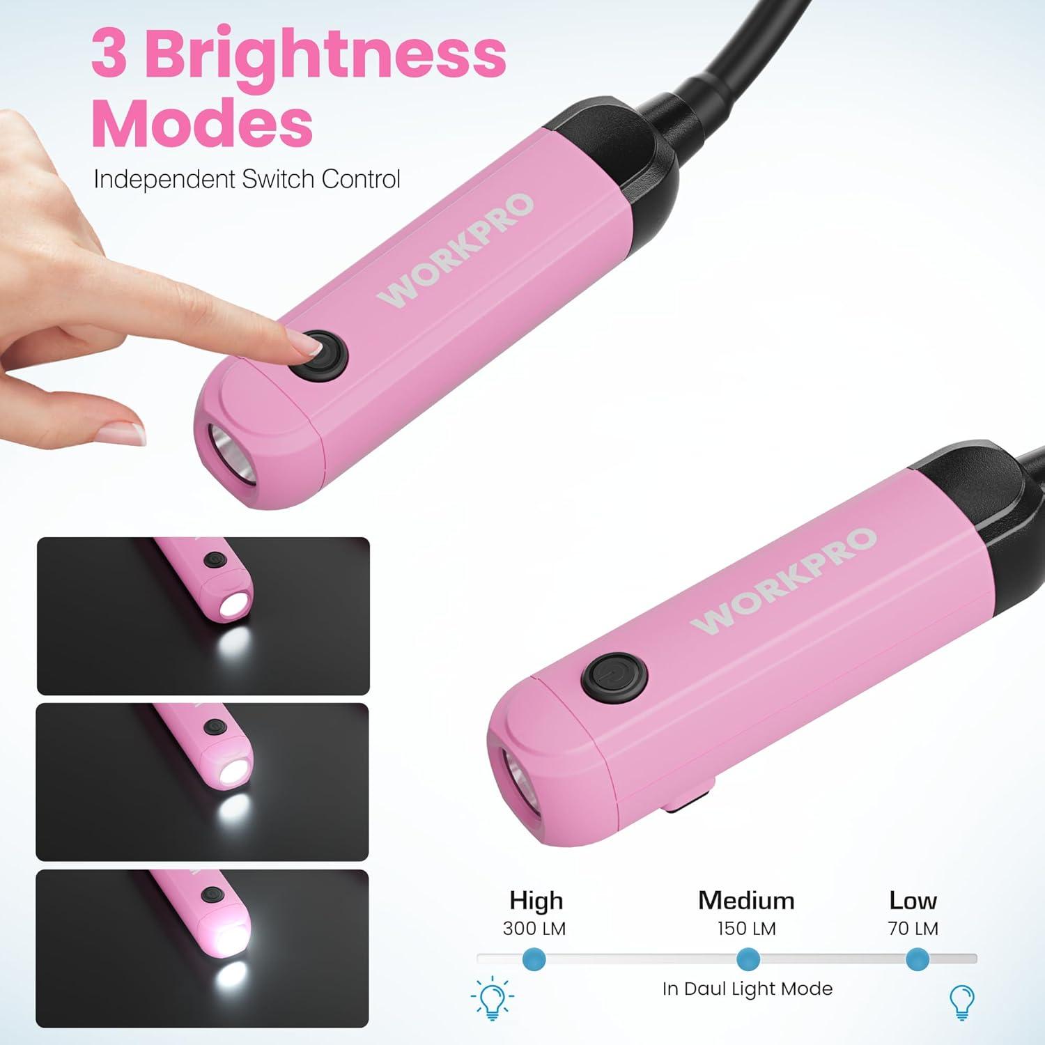 Luz de Cuello Recargable WORKPRO 300 Lúmenes Rosa Flexible