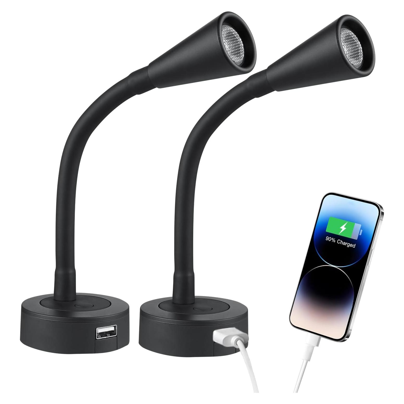Lámpara LED de Lectura Acegoo 12V Dimmable USB Flexible 2 Unidades