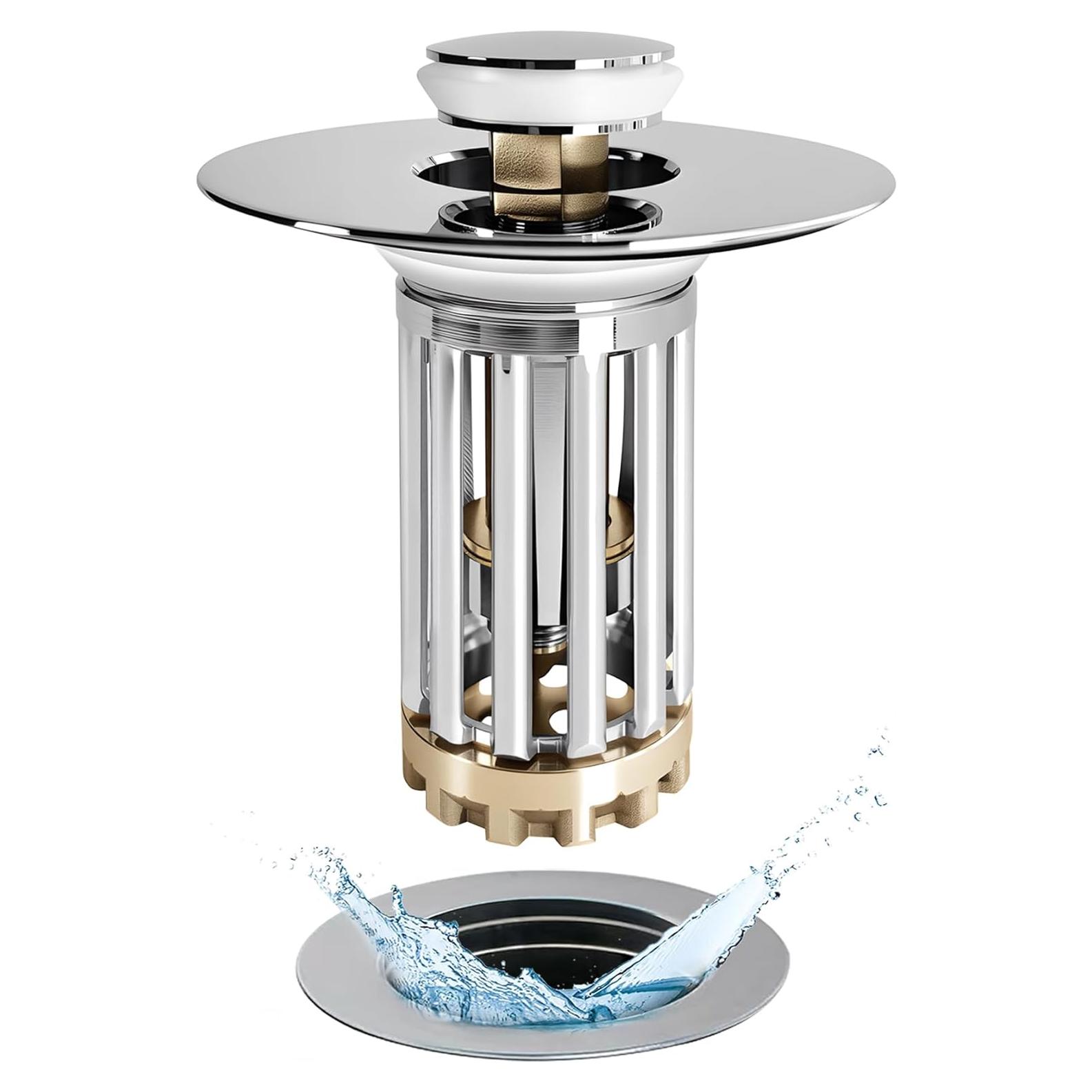 Colador de desagüe Anlige con tapón emergente 3 en 1, plata