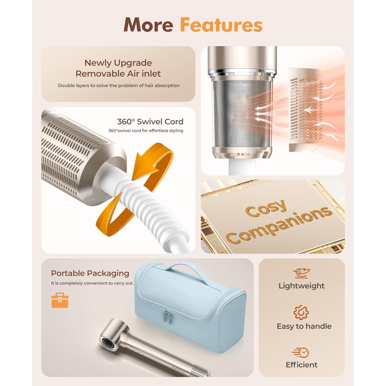 Secador de cabello 6 en 1 Cosy Companions dorado 150,000 RPM