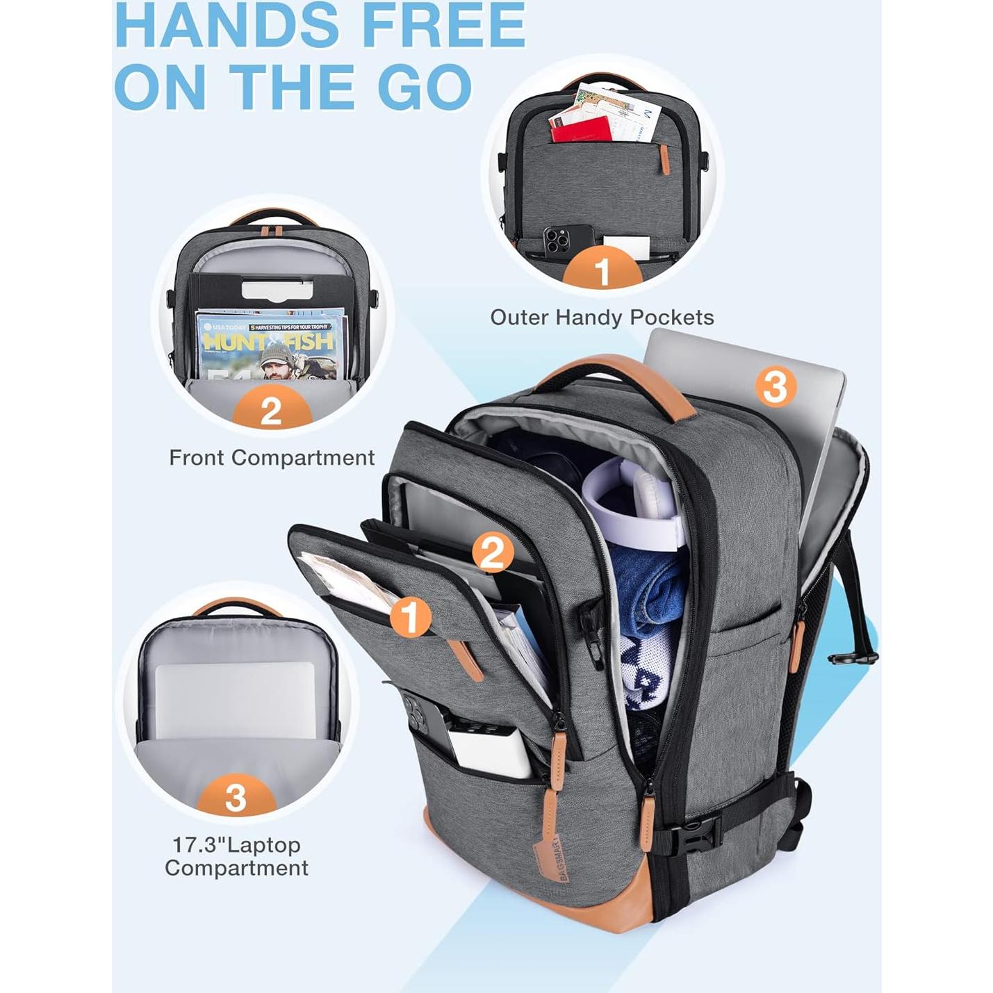 Mochila de Viaje BAGSMART Expandible 45L para Laptop 17" Gris