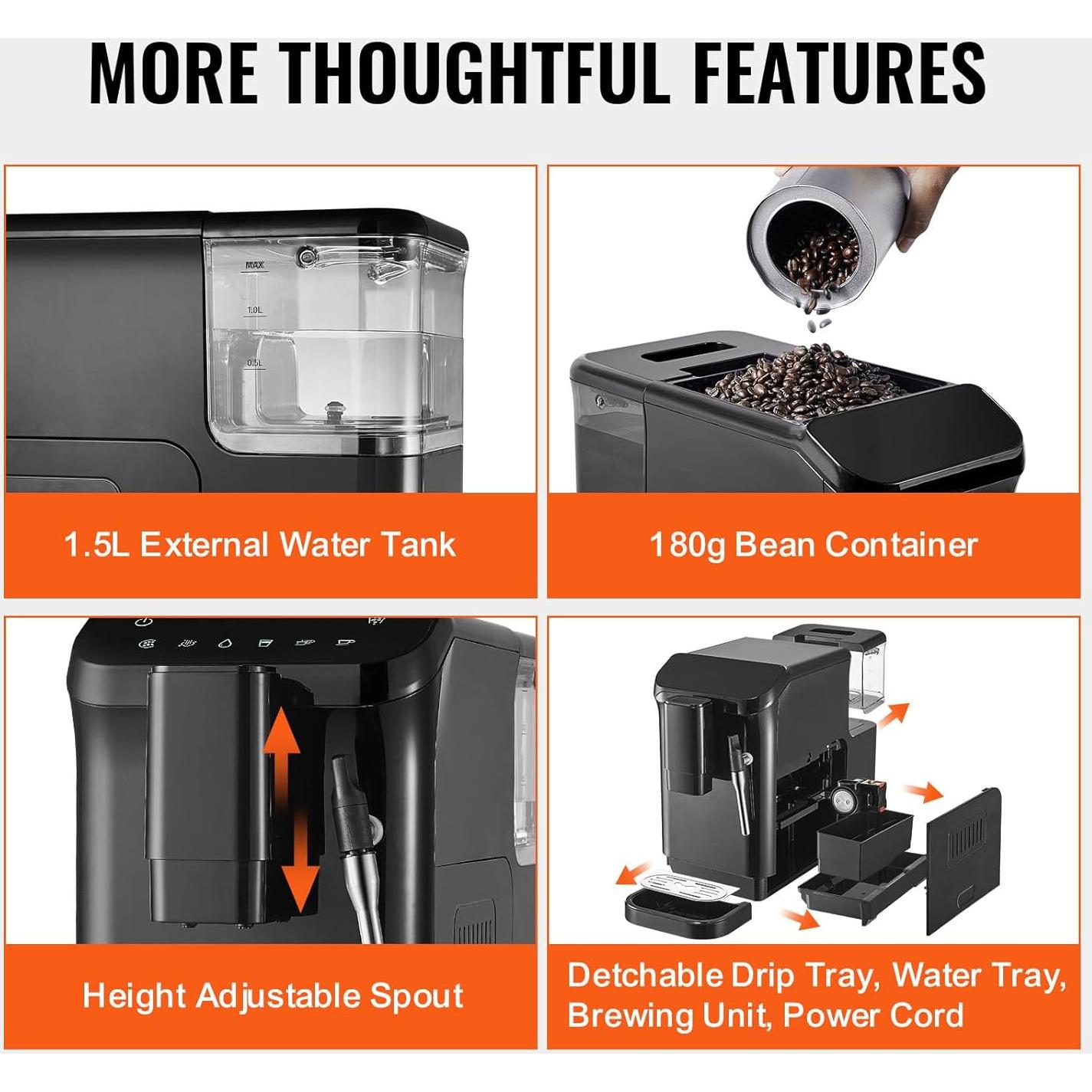 Máquina de Espresso Automática VEVOR 20 Bar con Molinillo 1.5L