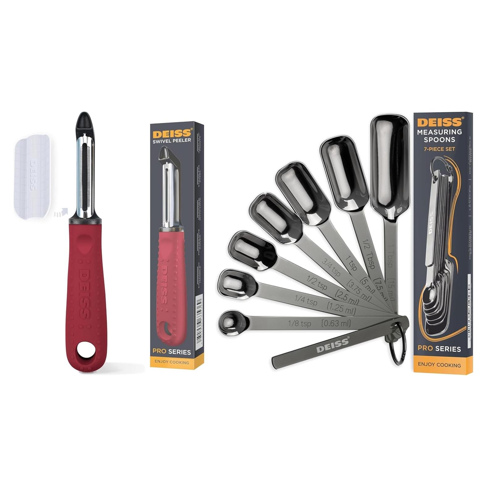 Pelador de Verduras Deiss PRO Premium con Cabezal Giratorio y Cucharas Medidoras de Acero Inoxidable