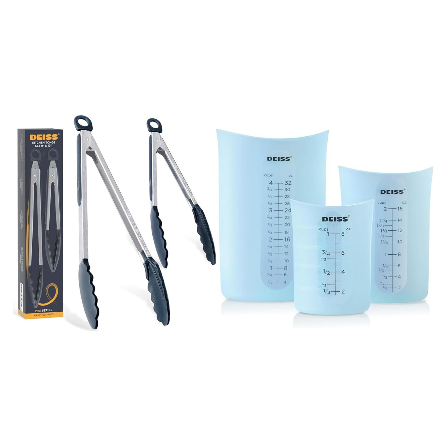 Pinzas de Cocina Deiss PRO con Puntas de Silicona y 3 Tazas Medidoras