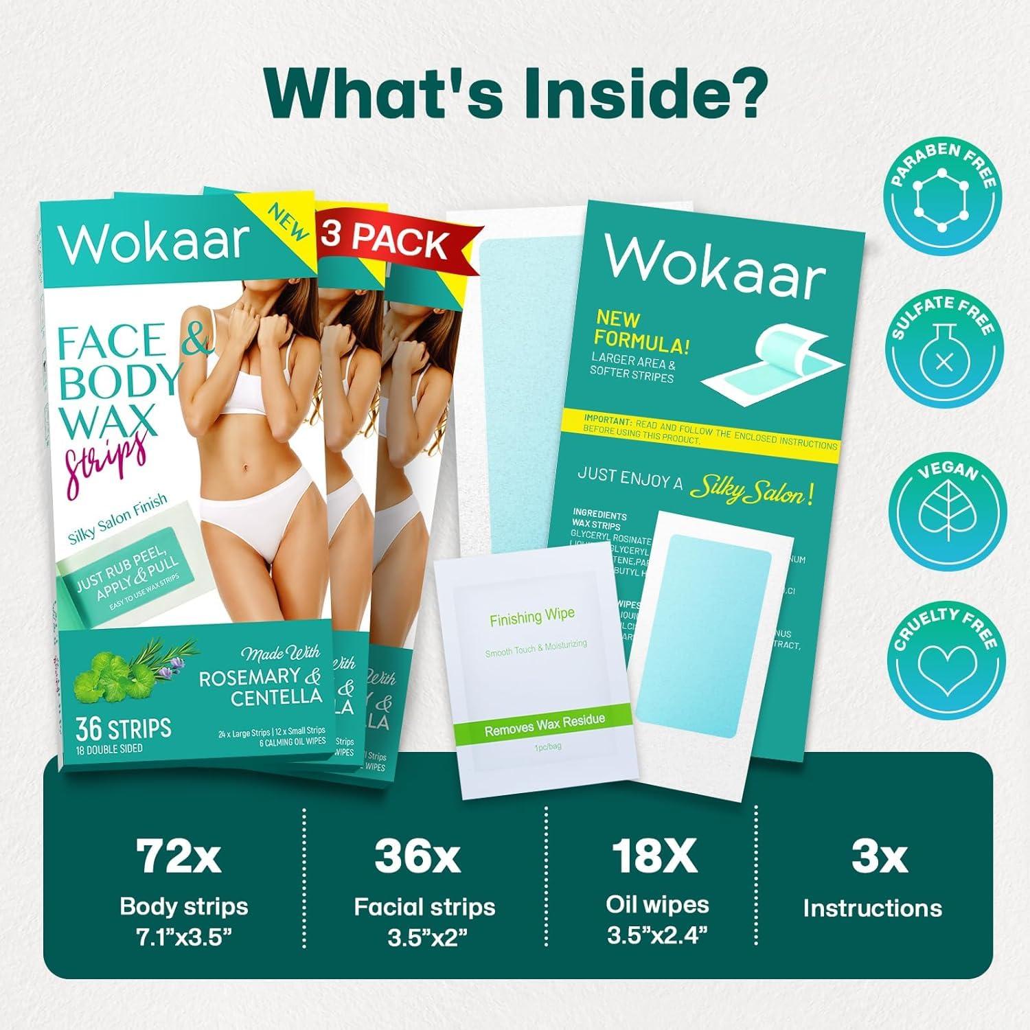 Tiras de Cera Corporal Wokaar - 24 Tiras Grandes y 12 Faciales
