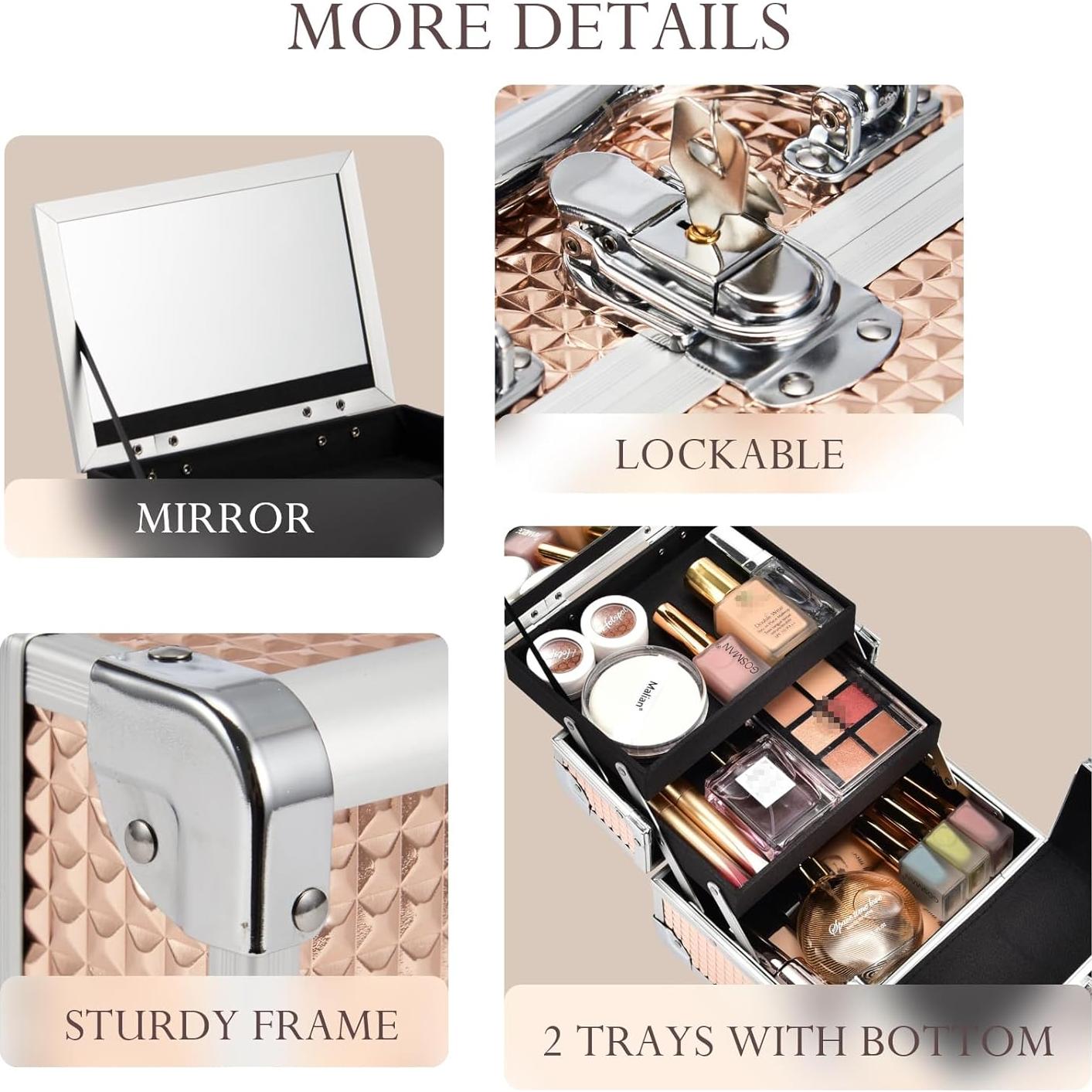 Estuche de Maquillaje Duro Frenessa Rosa Dorado con Espejo