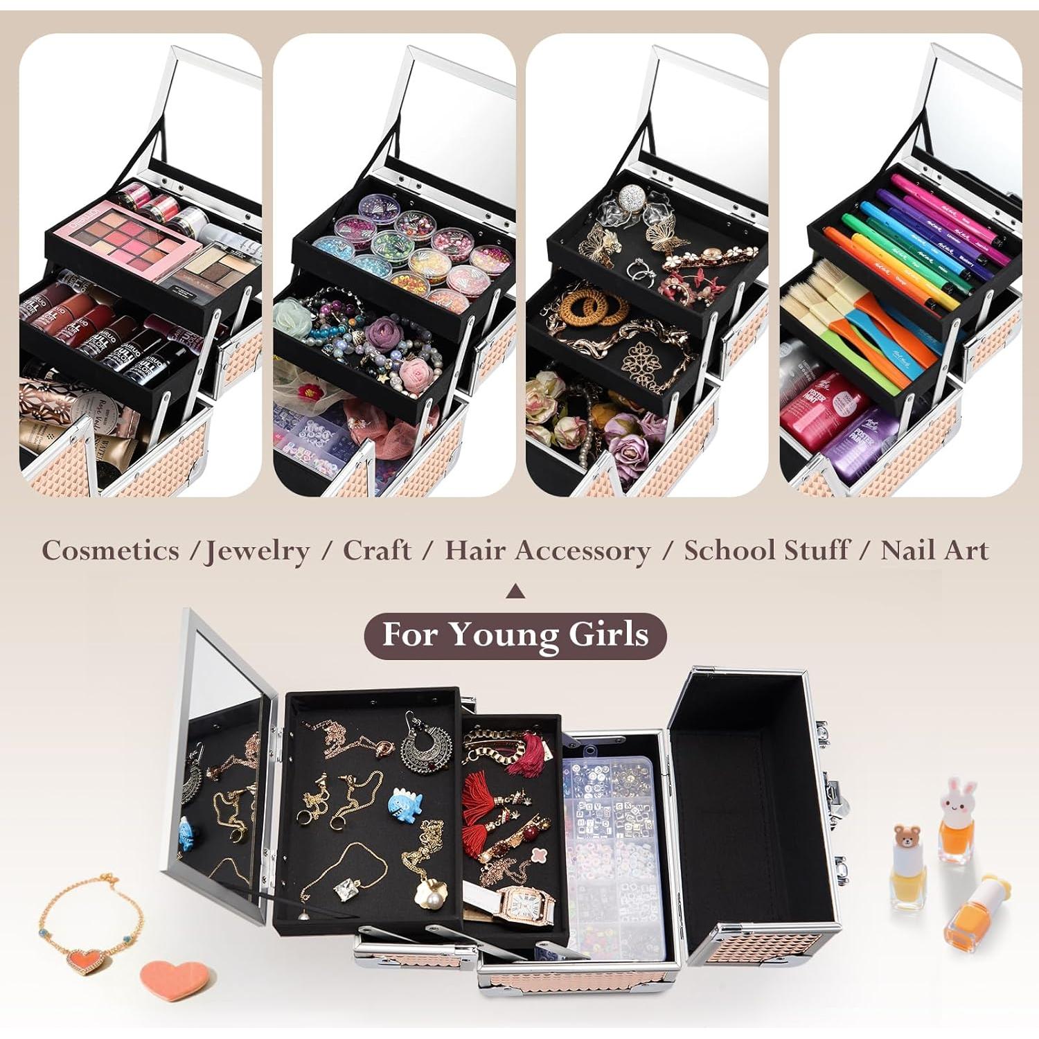 Estuche de Maquillaje Duro Frenessa Rosa Dorado con Espejo