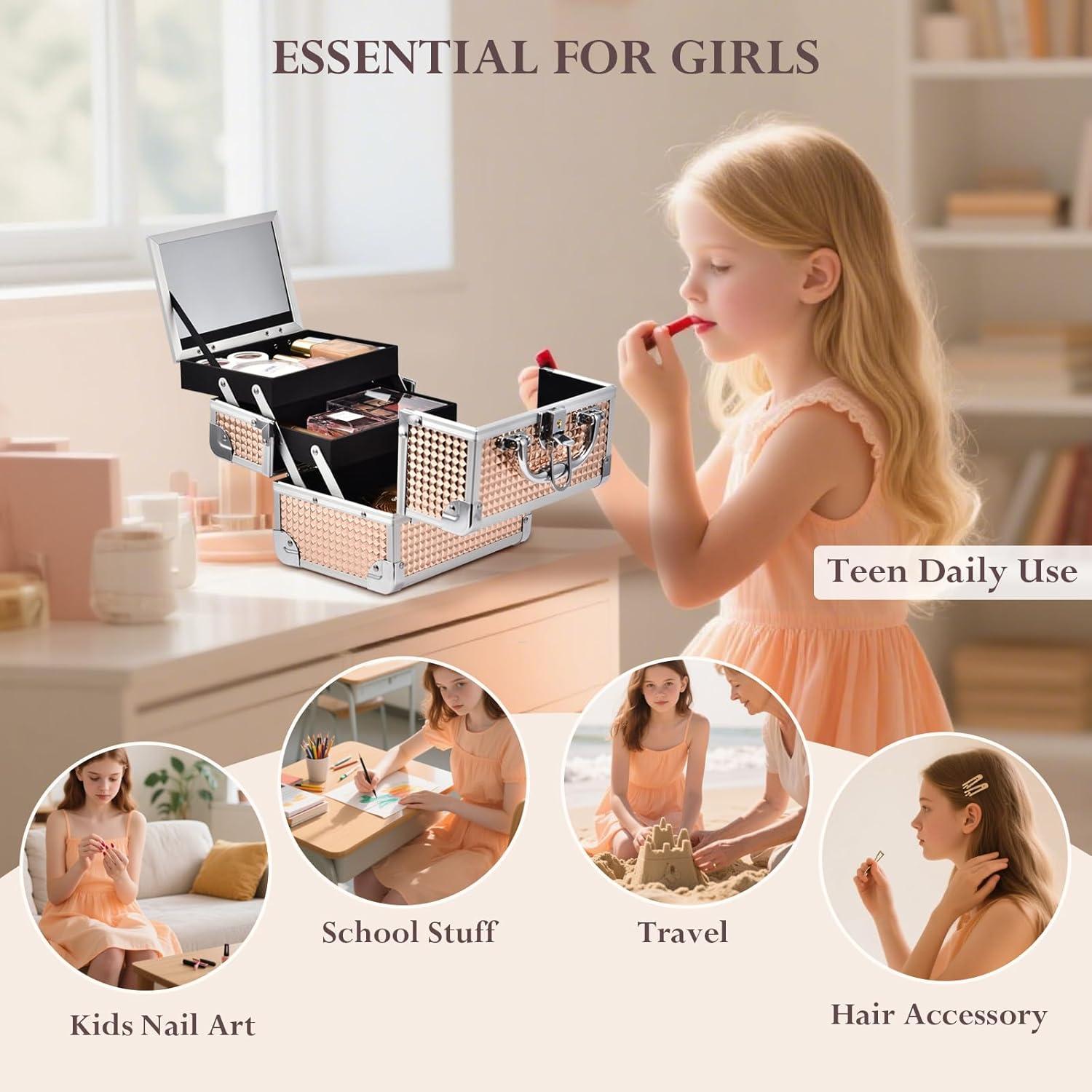 Estuche de Maquillaje Duro Frenessa Rosa Dorado con Espejo