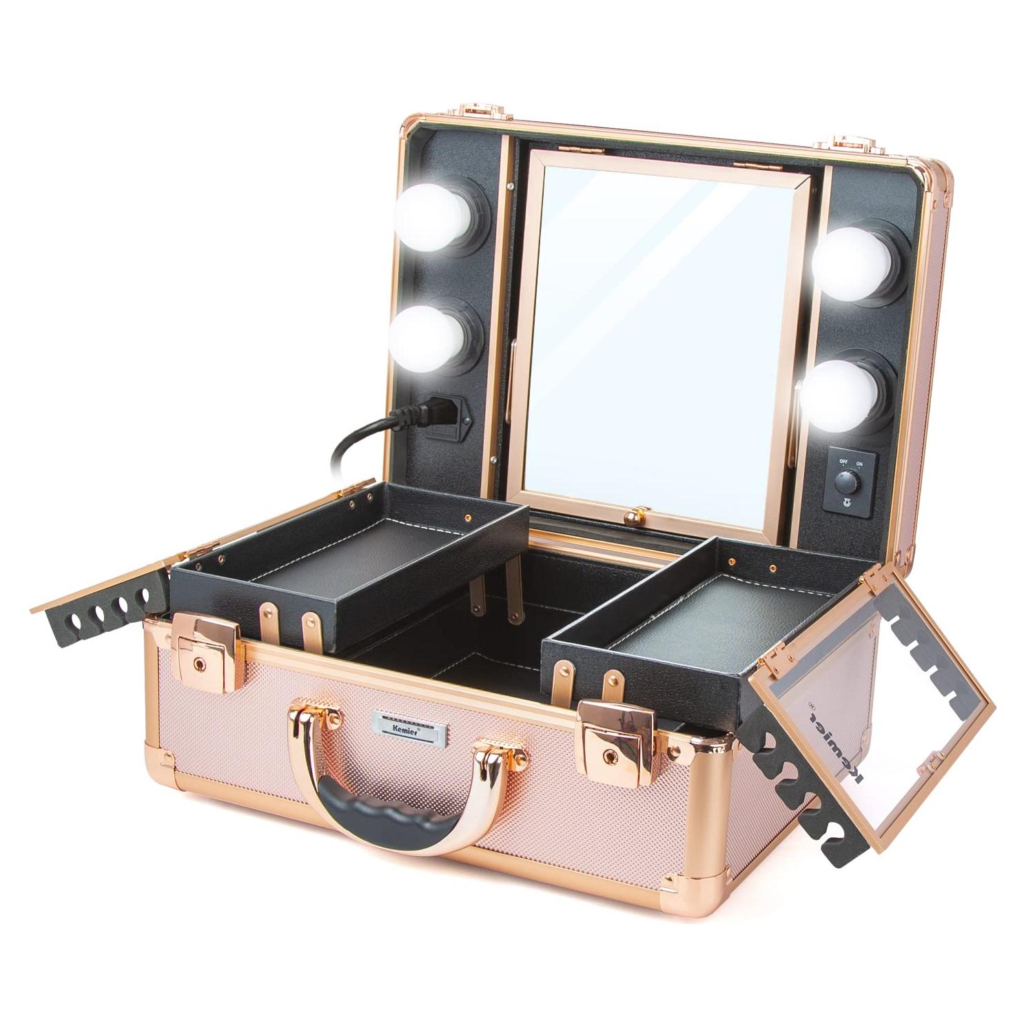 Estuche de Maquillaje Kemier KM-01 Oro Rosa con Espejo y Luz