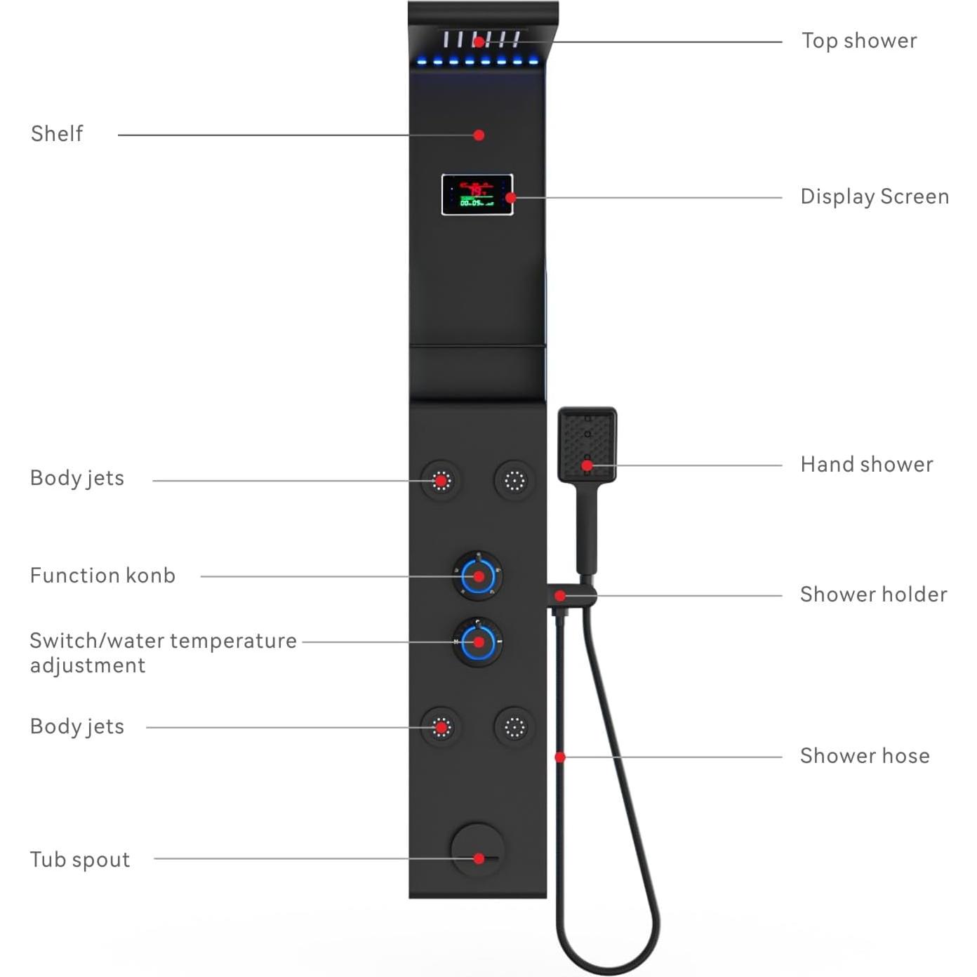 Panel de Ducha LED ELLO&ALLO con Estante y Masaje, Acero Inoxidable