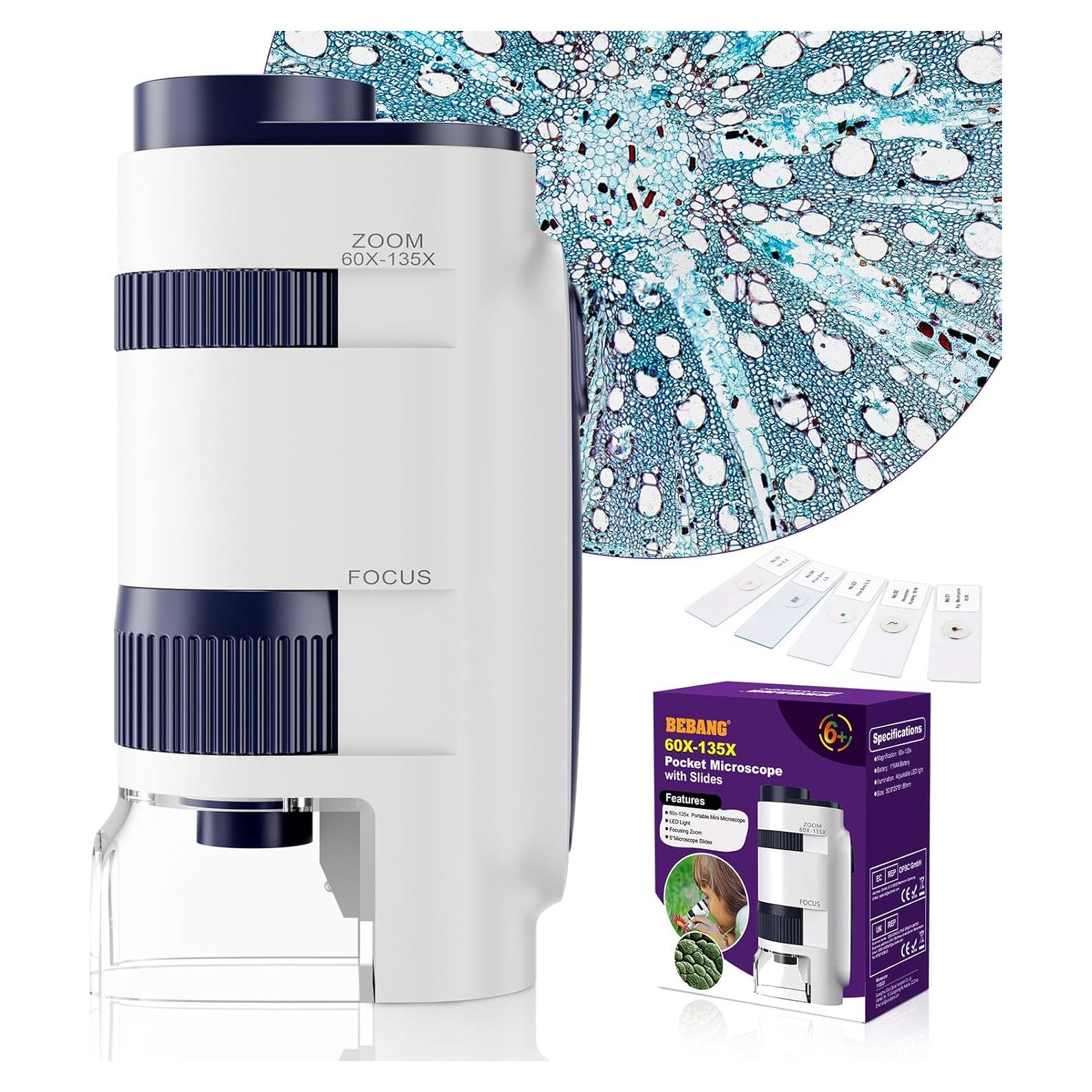 Microscopio de bolsillo BEBANG 135x con luz LED y 5 portaobjetos