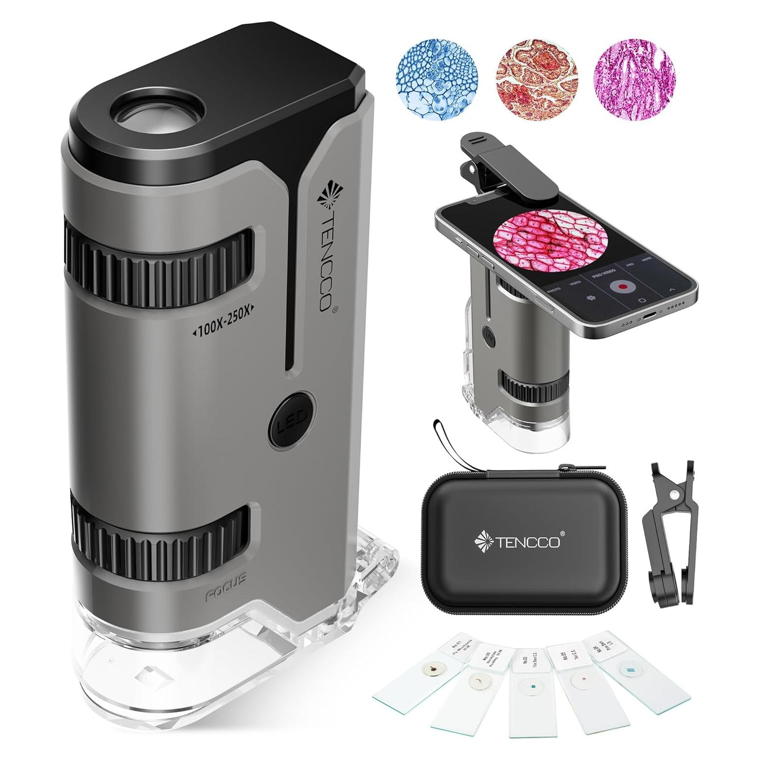 Microscopio de bolsillo TENCCO 100x-250x portátil gris