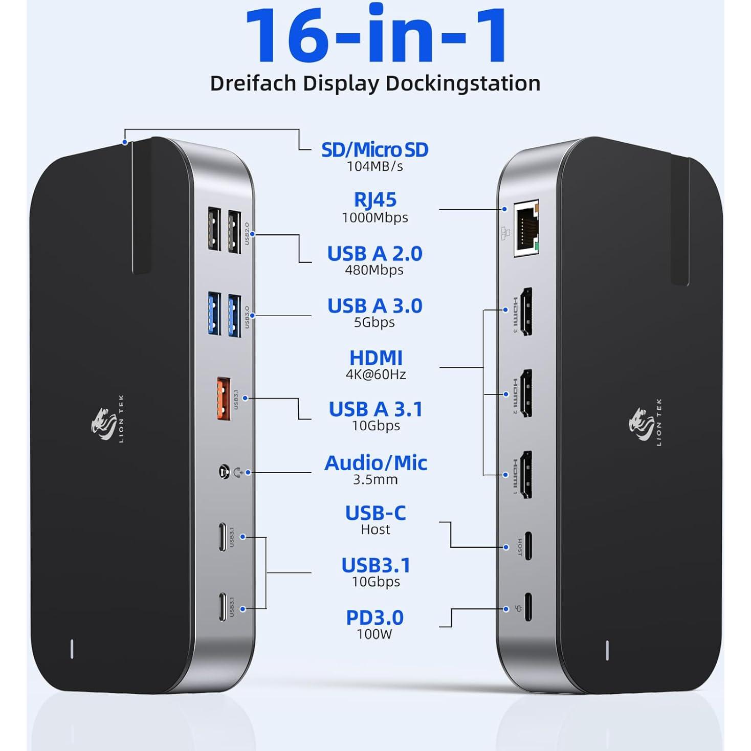 Estación de Acoplamiento USB C 16 en 1 LIONWEI Triple Monitor