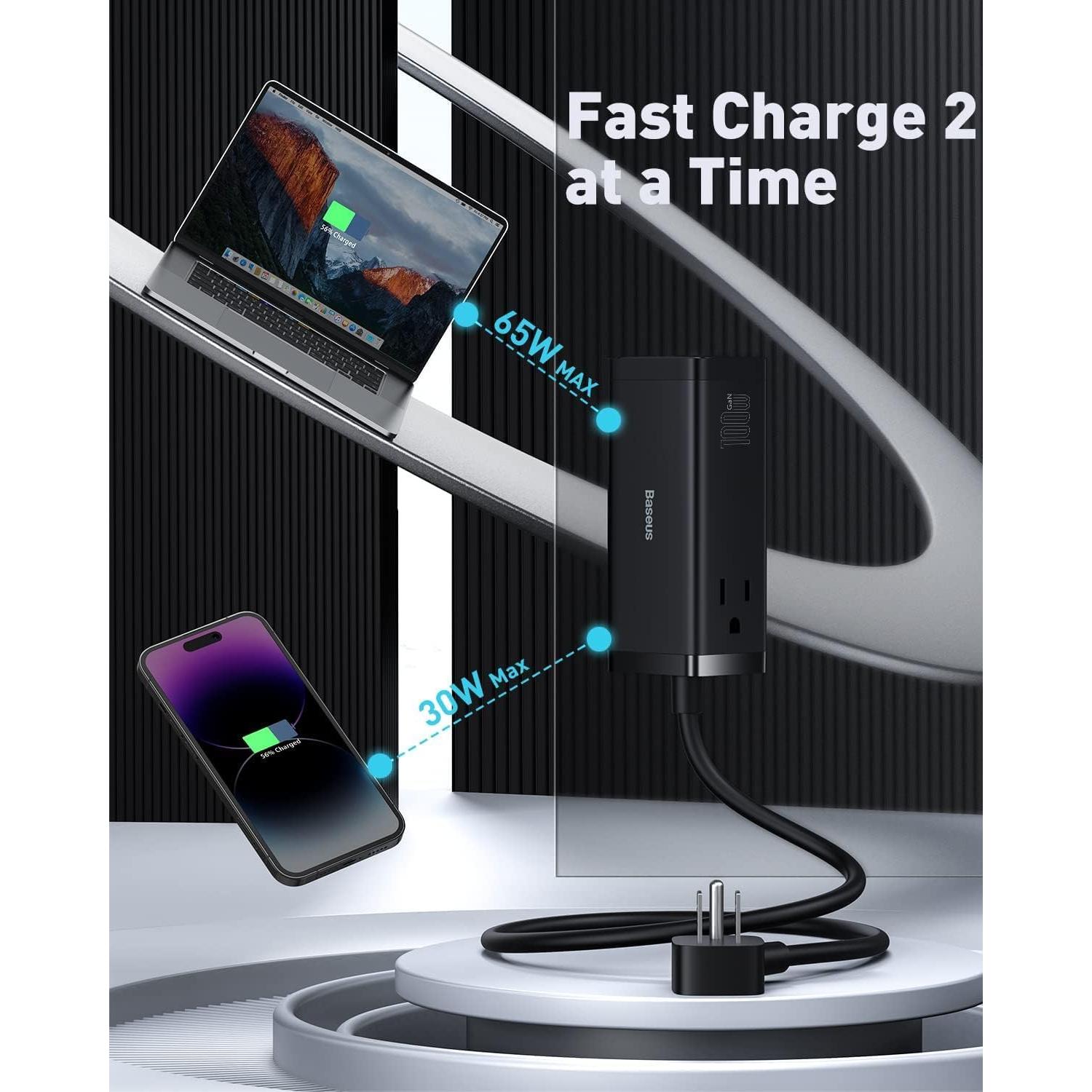 Baseus Estación de Carga USB C 100W 6 en 1 con 2 Salidas AC