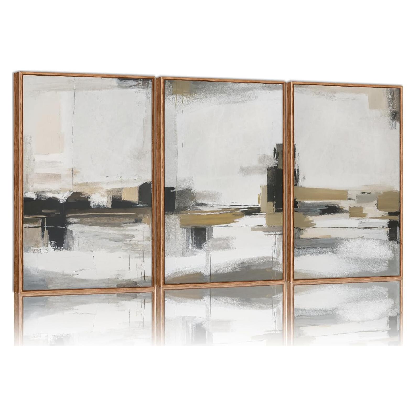 Set de Arte en Lienzo Enmarcado Beige Abstracto SIGNINART 3 Piezas