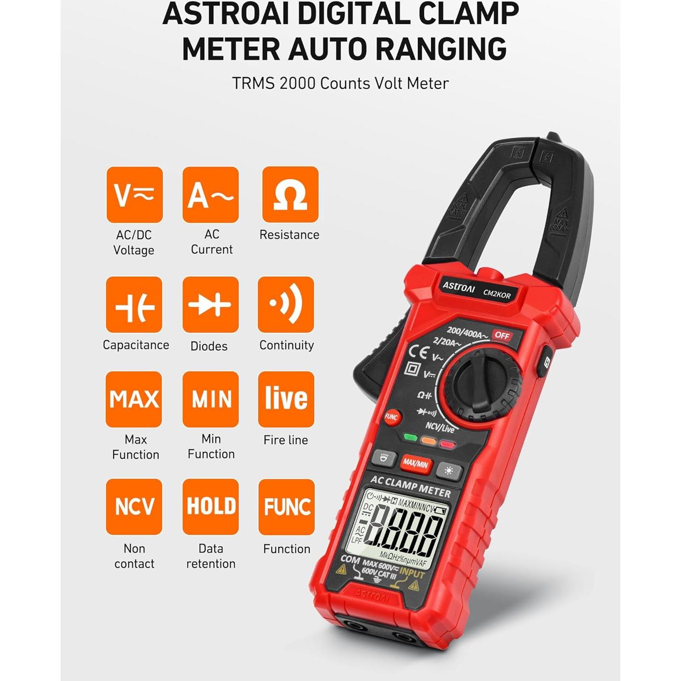 Medidor de Pinza Digital AstroAI 2000 Cuentas AC/DC Negro