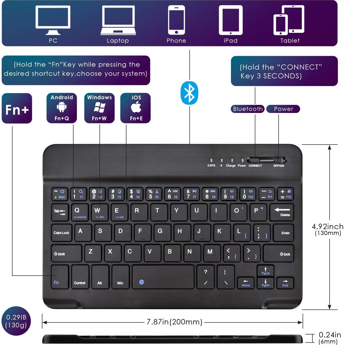 Funda Universal con Teclado Bluetooth DETUOSI 8" Negra