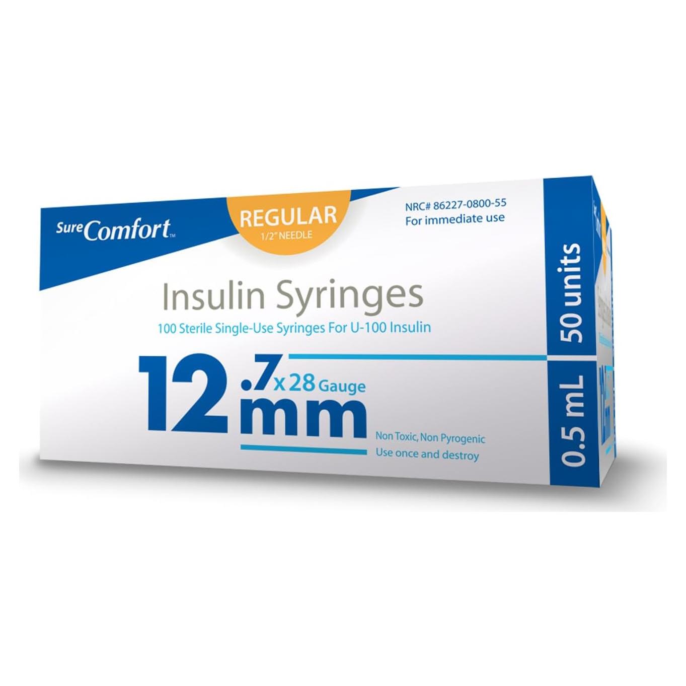 Jeringas de Insulina U-100 28G 12.7mm 1/2cc Caja 100