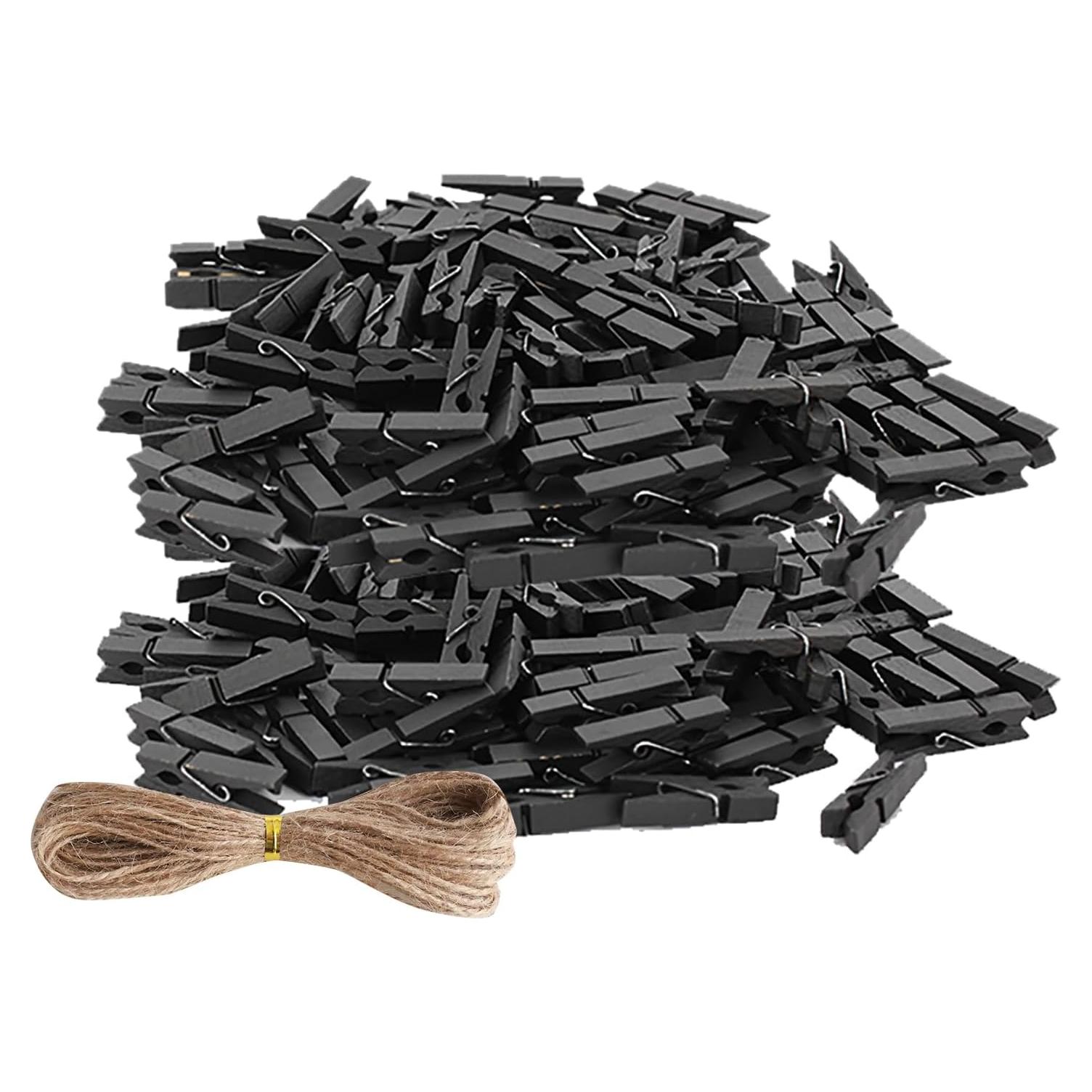 100 Pinzas de Madera Mini YIHUANYIFA 3.5cm Negro con Cuerda