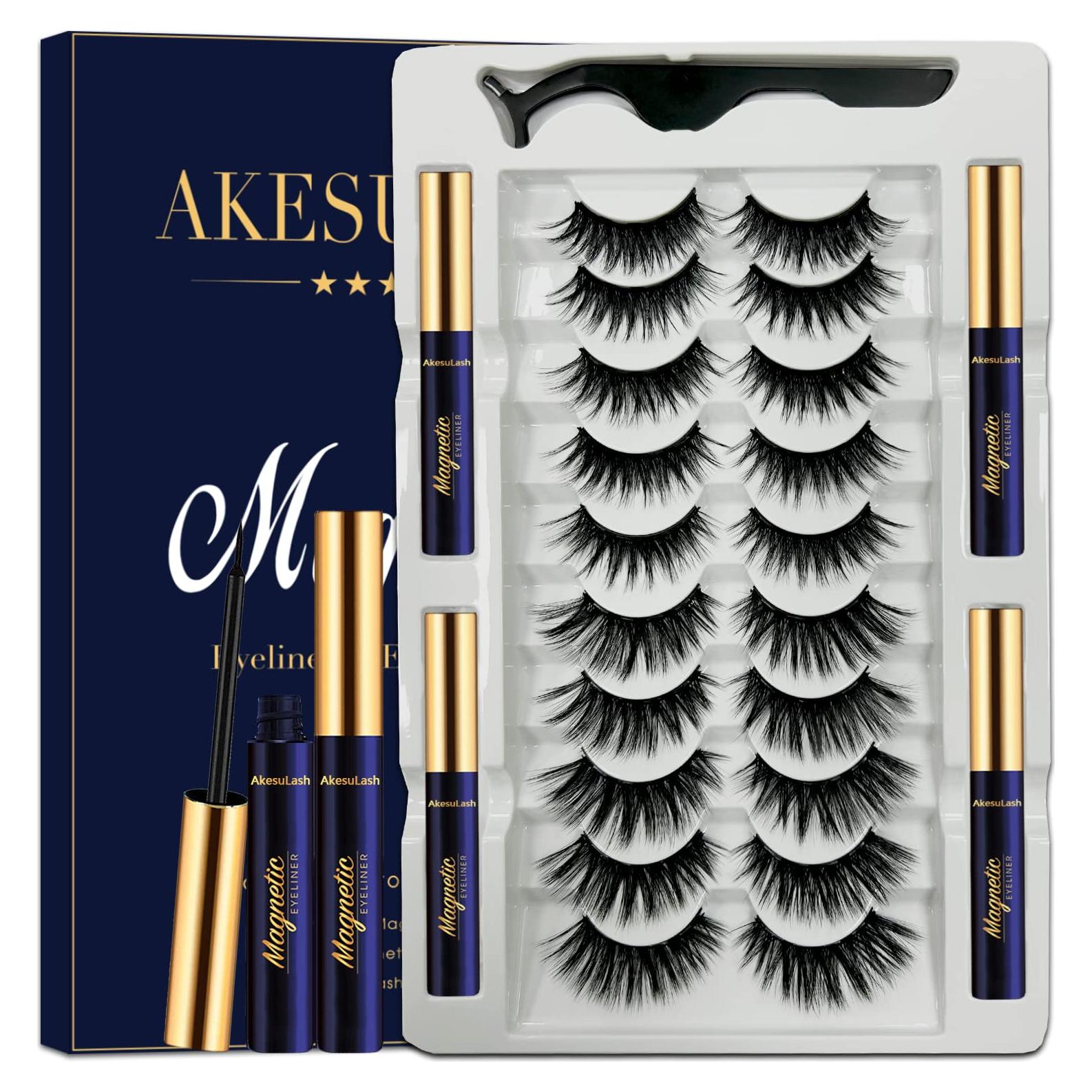 Kit de Pestañas Magnéticas AkesuLash - 10 Pares 3D con Delineador