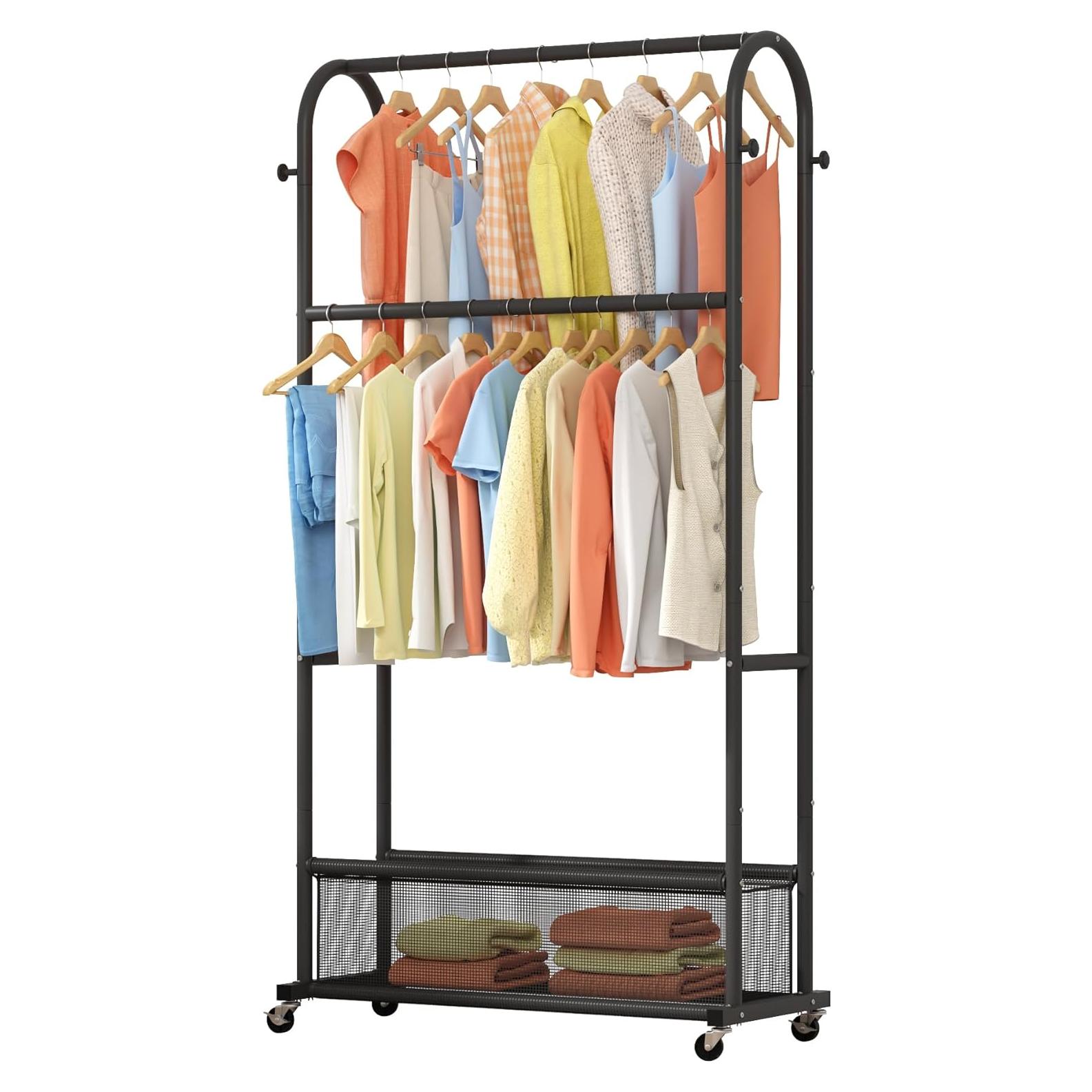 Perchero de Ropa MOYIPIN Doble Barra con Ruedas Negro 4 Ganchos