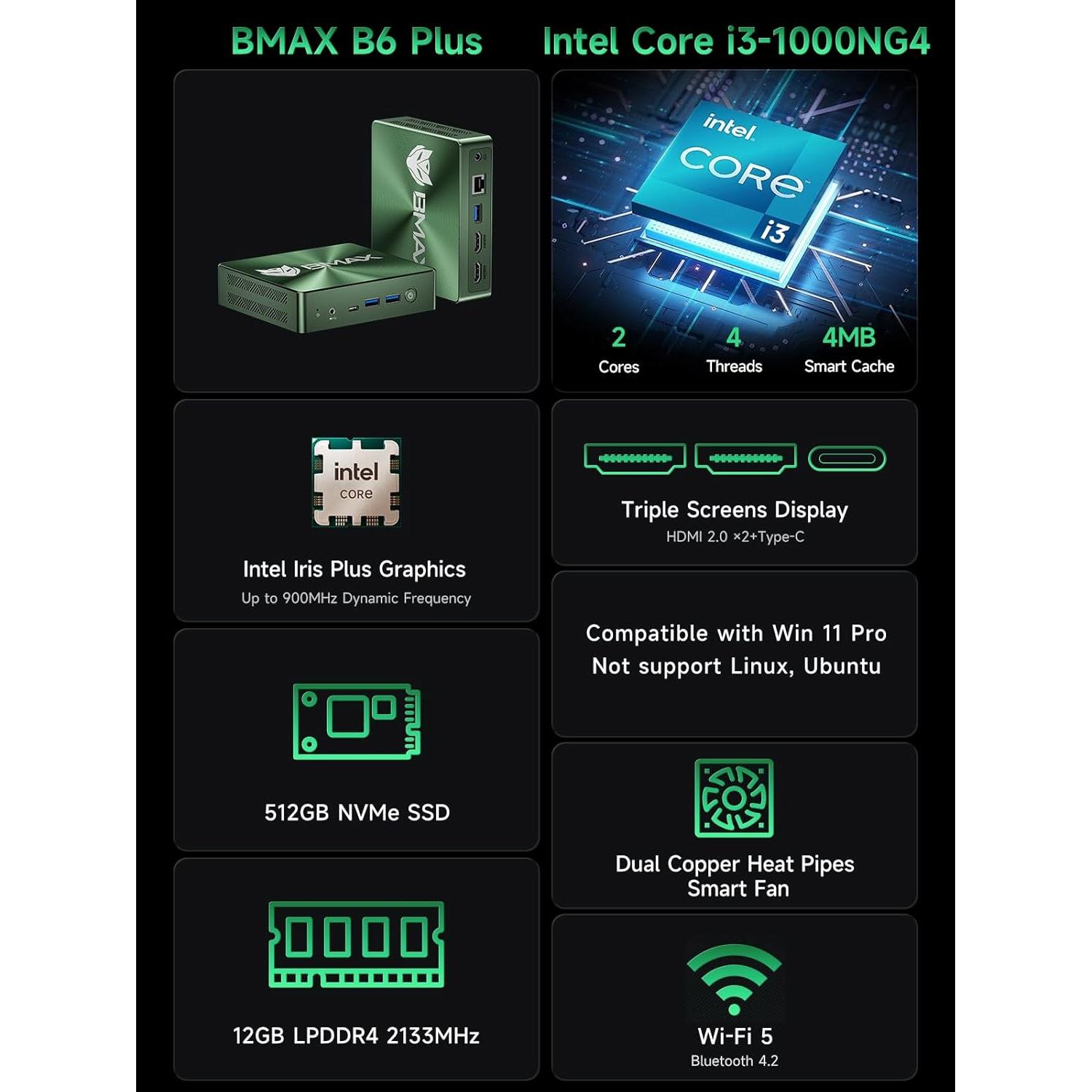 Mini PC Bmax B6 Plus Intel i3-1000NG4 12GB RAM 512GB SSD