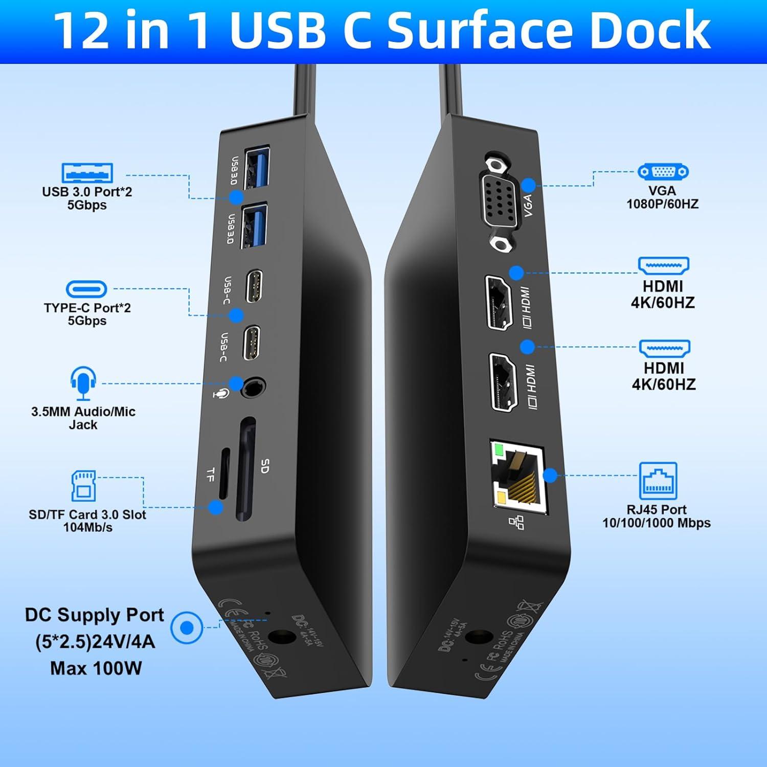 Dock Thunderbolt 4 Microsoft Surface 12 en 1 HDMI VGA 4K