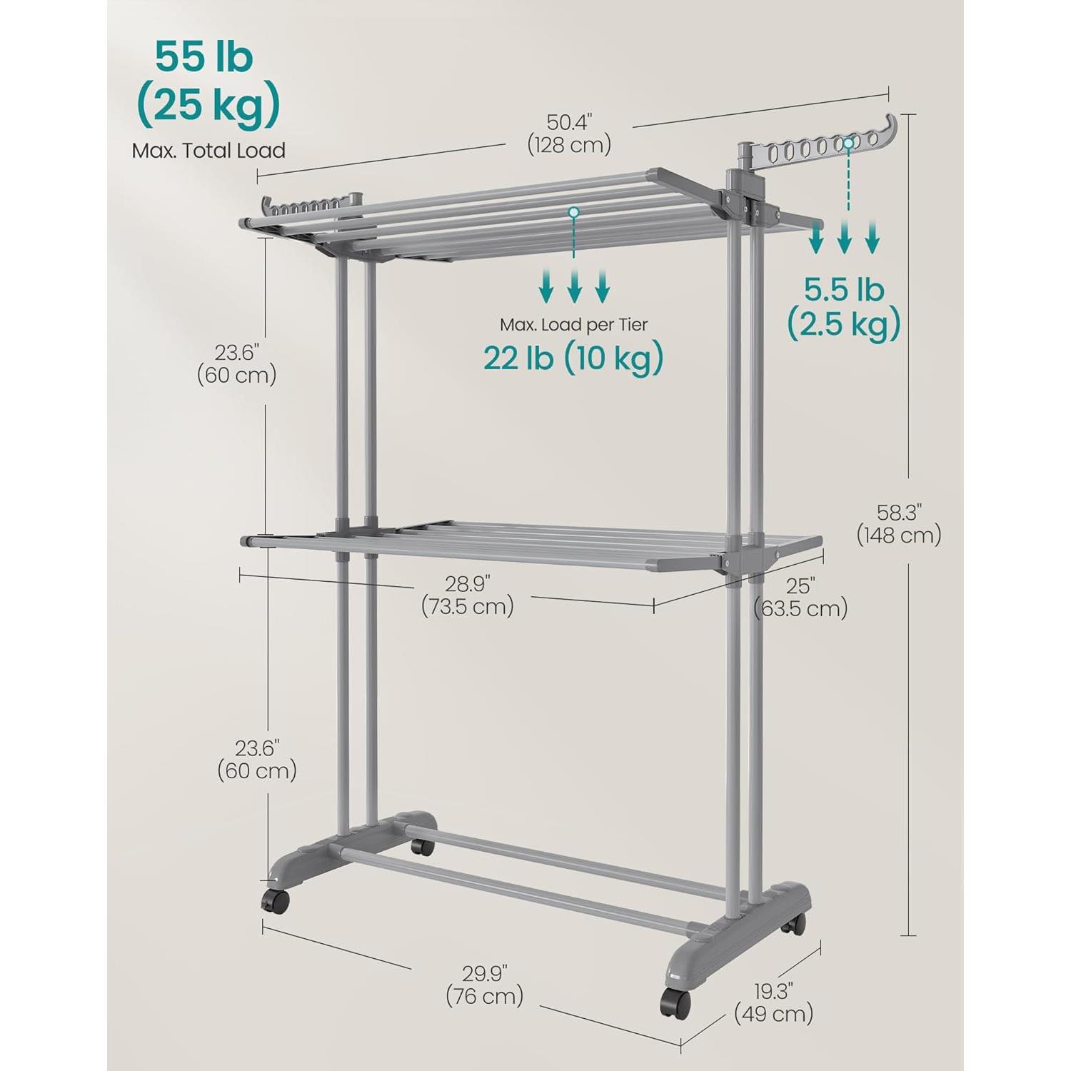 Estante para Secar Ropa SONGMICS 3 Niveles Acero Inoxidable 148 cm
