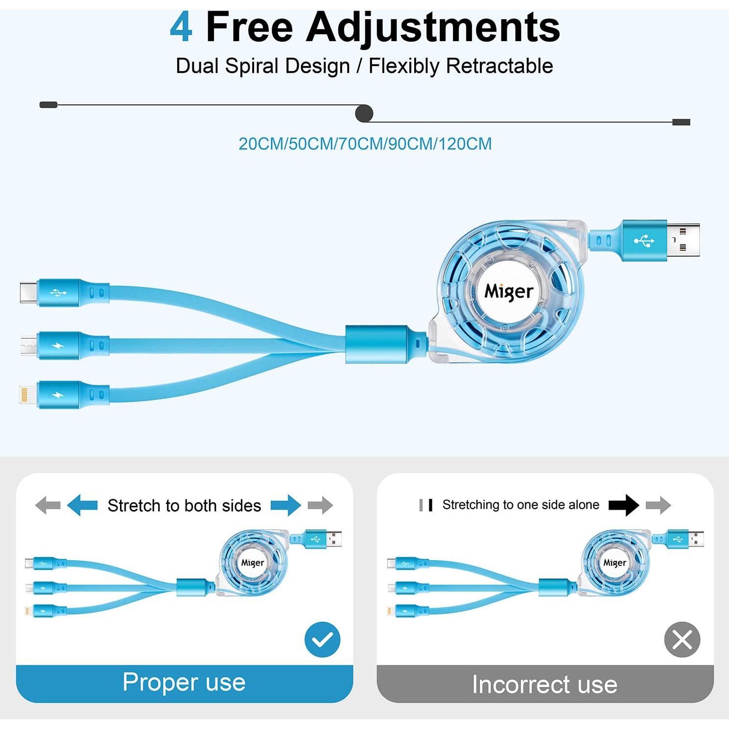 Cable de Carga Rápida Multi USB 3 en 1 Miger 1.2m 2Pack