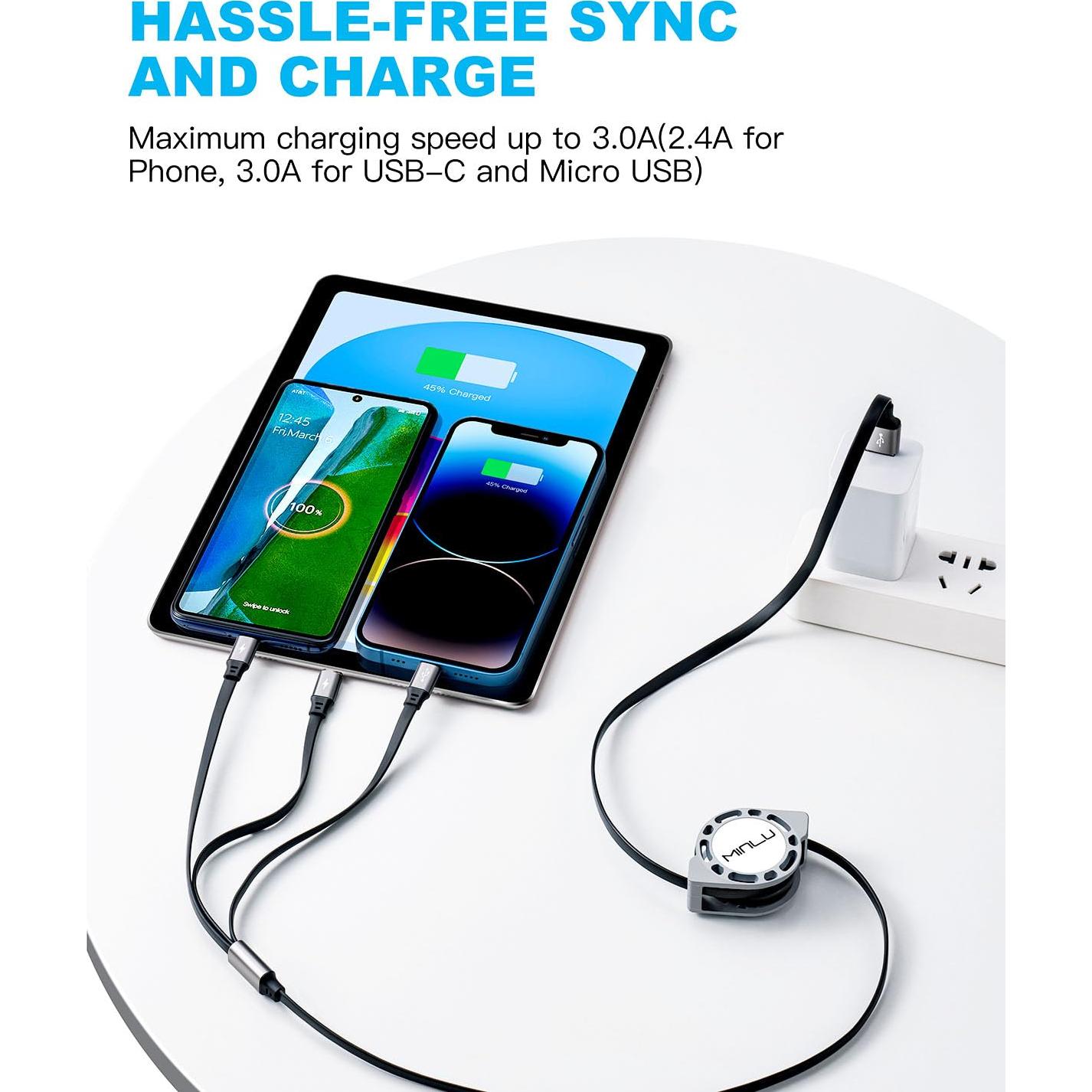 Cable de Carga Múltiple Retráctil 3 en 1 Minlu 1.2m 3A