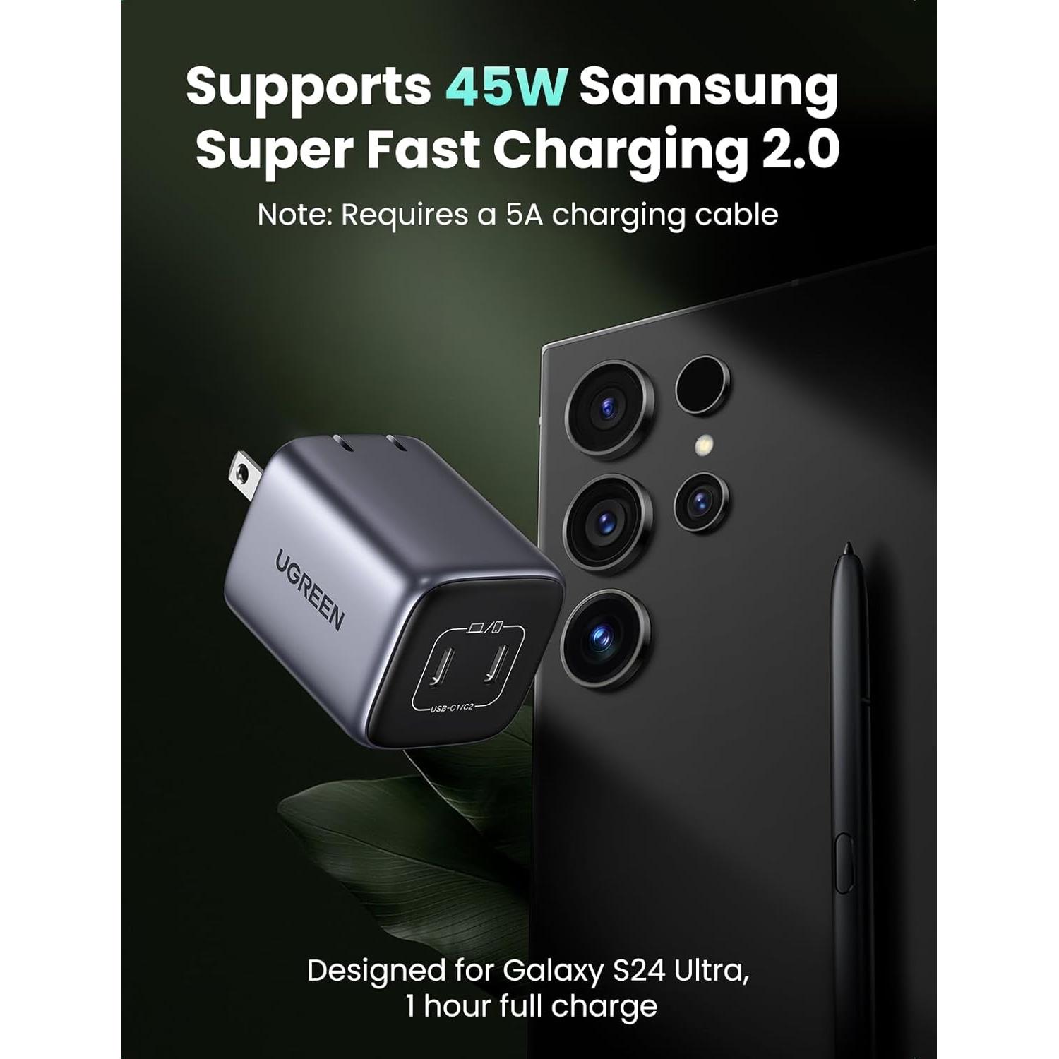 Cargador UGREEN 45W USB C Plegable 2 Puertos Carga Rápida