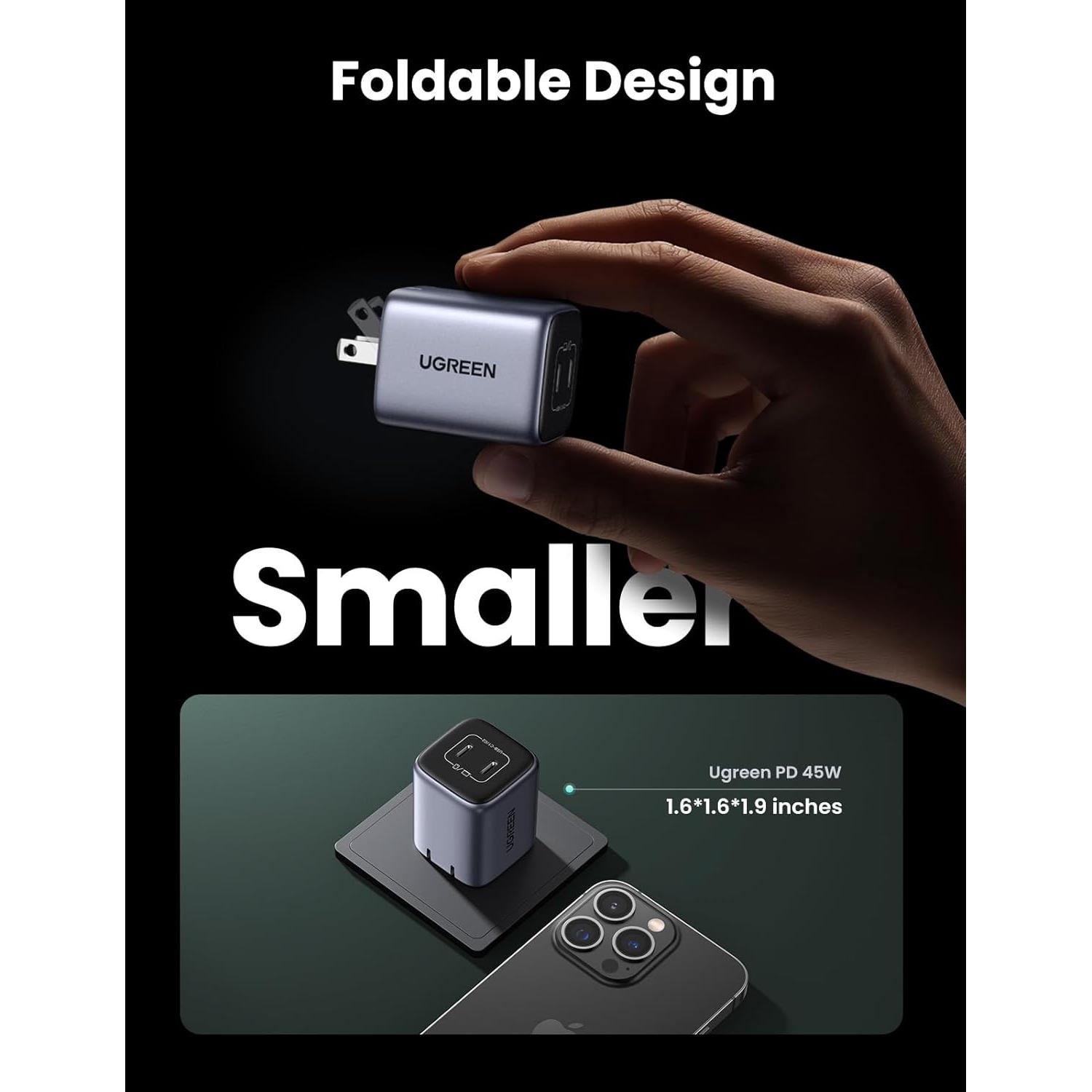 Cargador UGREEN 45W USB C Plegable 2 Puertos Carga Rápida