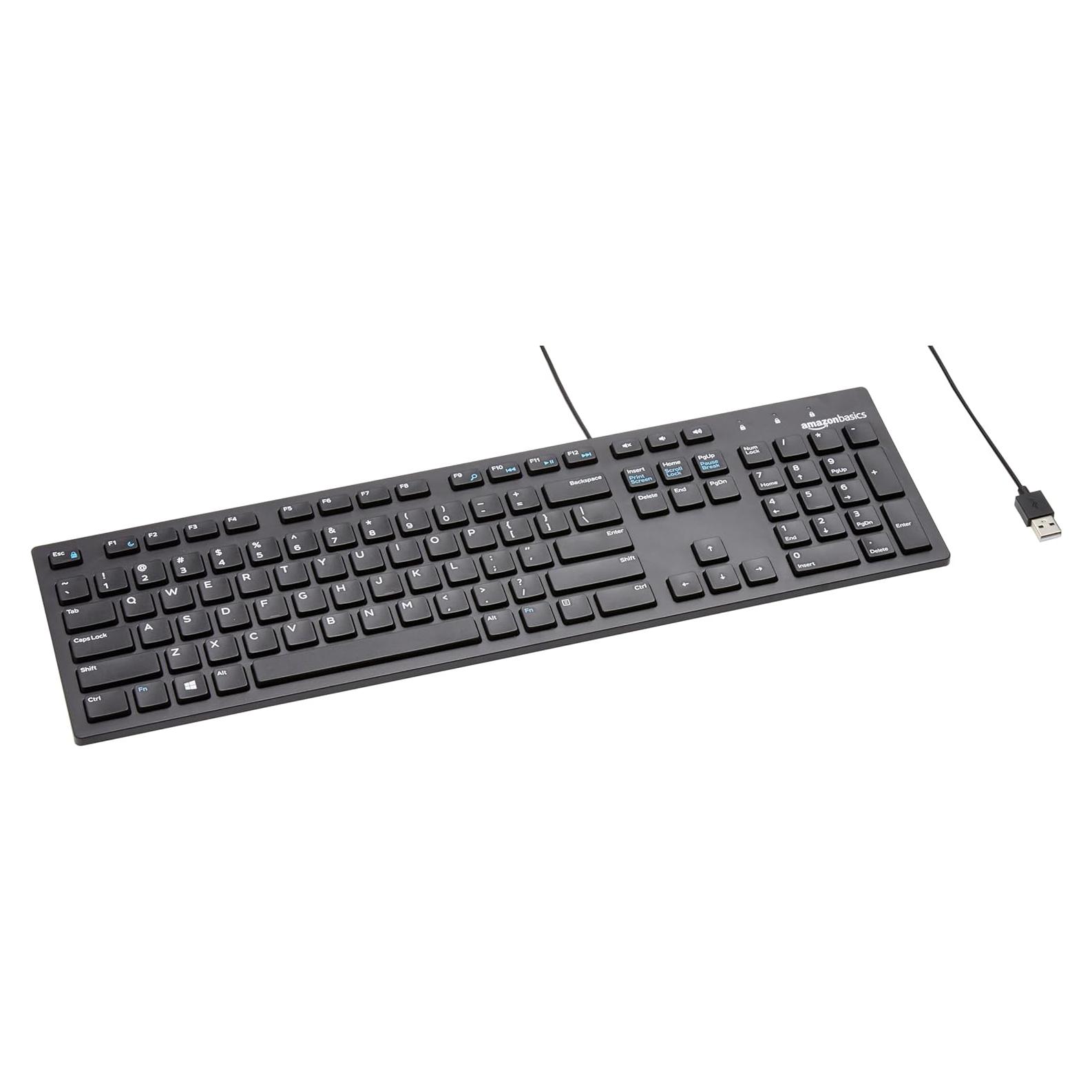 Teclado QWERTY con cable Amazon Basics, tamaño completo, negro