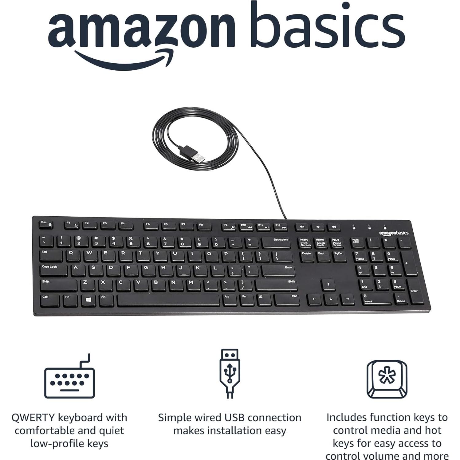 Teclado QWERTY con cable Amazon Basics, tamaño completo, negro