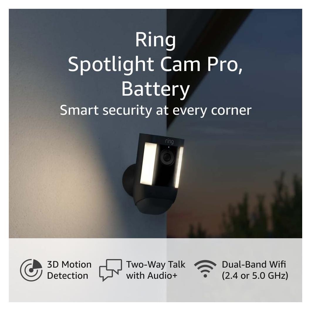 Ring Spotlight Cam Pro, Battery | 3D Motion Detection, Two-Way Talk with Audio+, and Dual-Band Wifi (2022 release) - Black