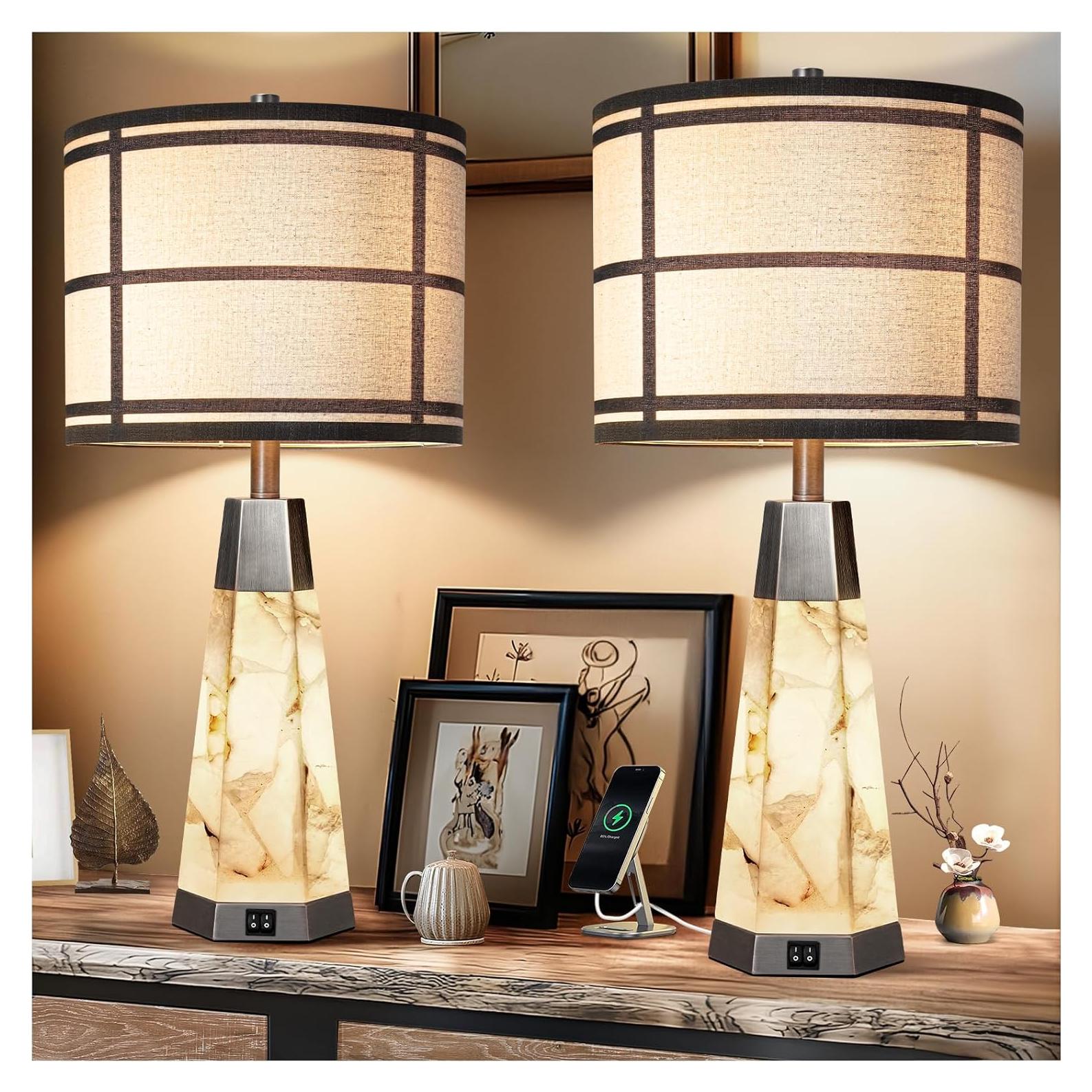 Juego de 2 Lámparas de Mesa de Alabastro KIVDITZO con USB