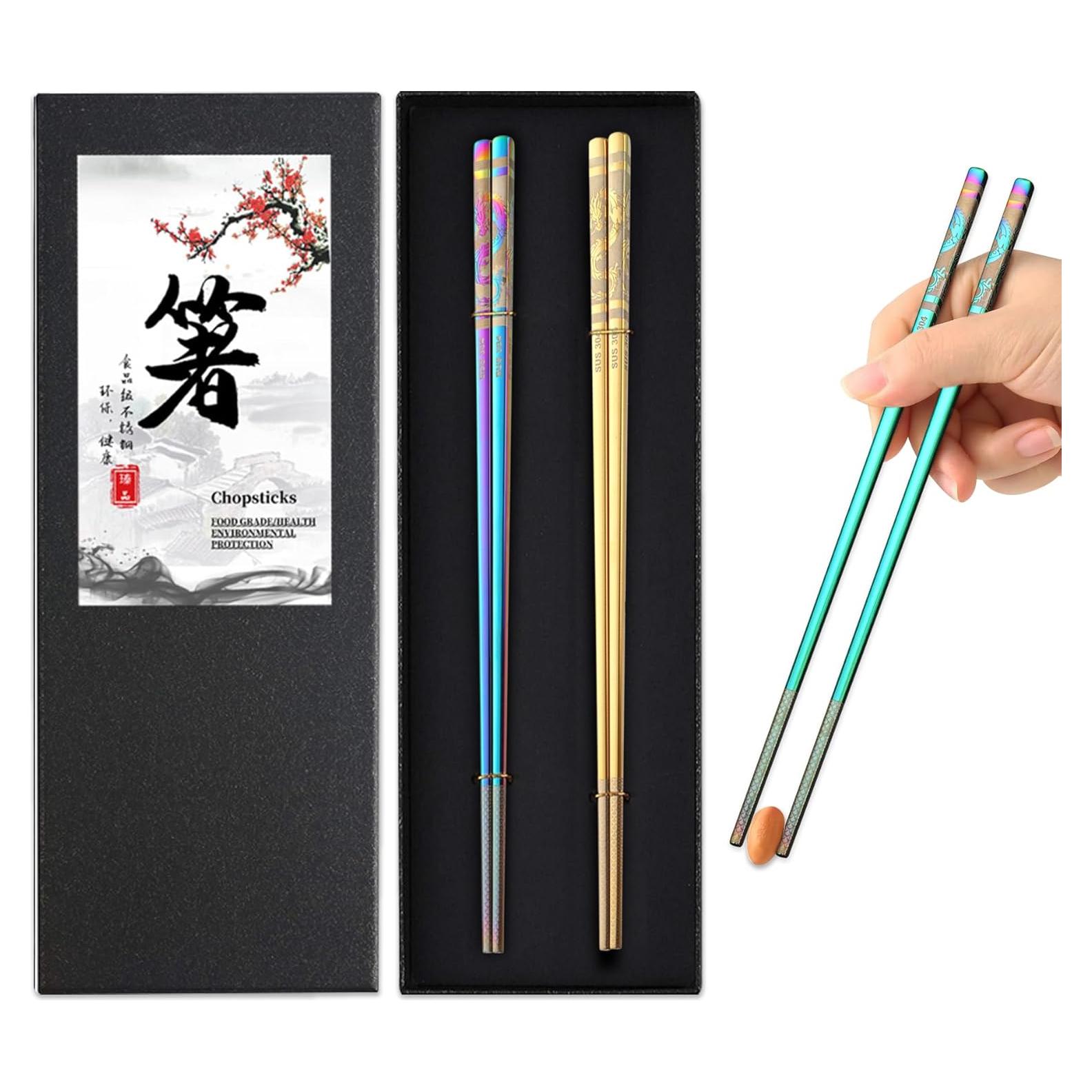 Juego de Palillos Reutilizables Aniuway 23 cm Acero Inoxidable 304 Dragón