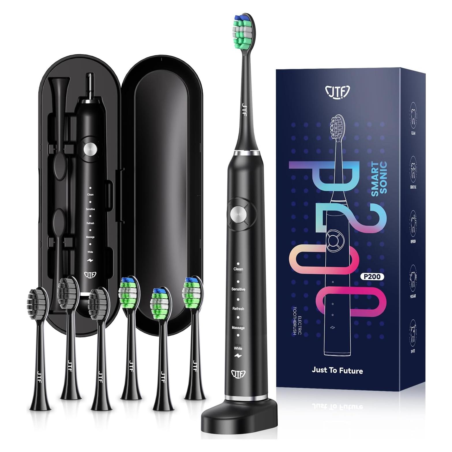 Cepillo de dientes eléctrico JTF P200 negro con 6 cabezales