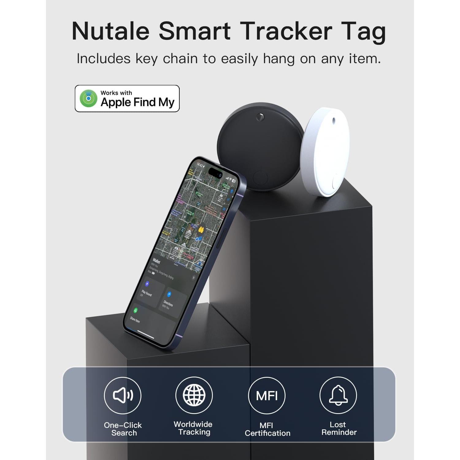 [Apple MFi Certified] Tracker Tags(iOS Only), 5.3 Bluetooth Key Finder and Luggage Tracker for Bag, Wallet, Keys,Replaceable Battery, IP64,80dB, Smart Tags for Apple Find My (2-Black& 2-White)