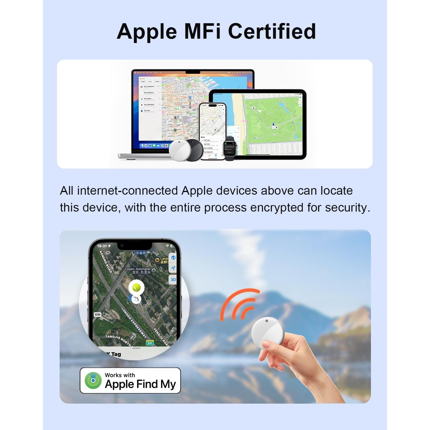 [Apple MFi Certified] Tracker Tags(iOS Only), 5.3 Bluetooth Key Finder and Luggage Tracker for Bag, Wallet, Keys,Replaceable Battery, IP64,80dB, Smart Tags for Apple Find My (2-Black& 2-White)