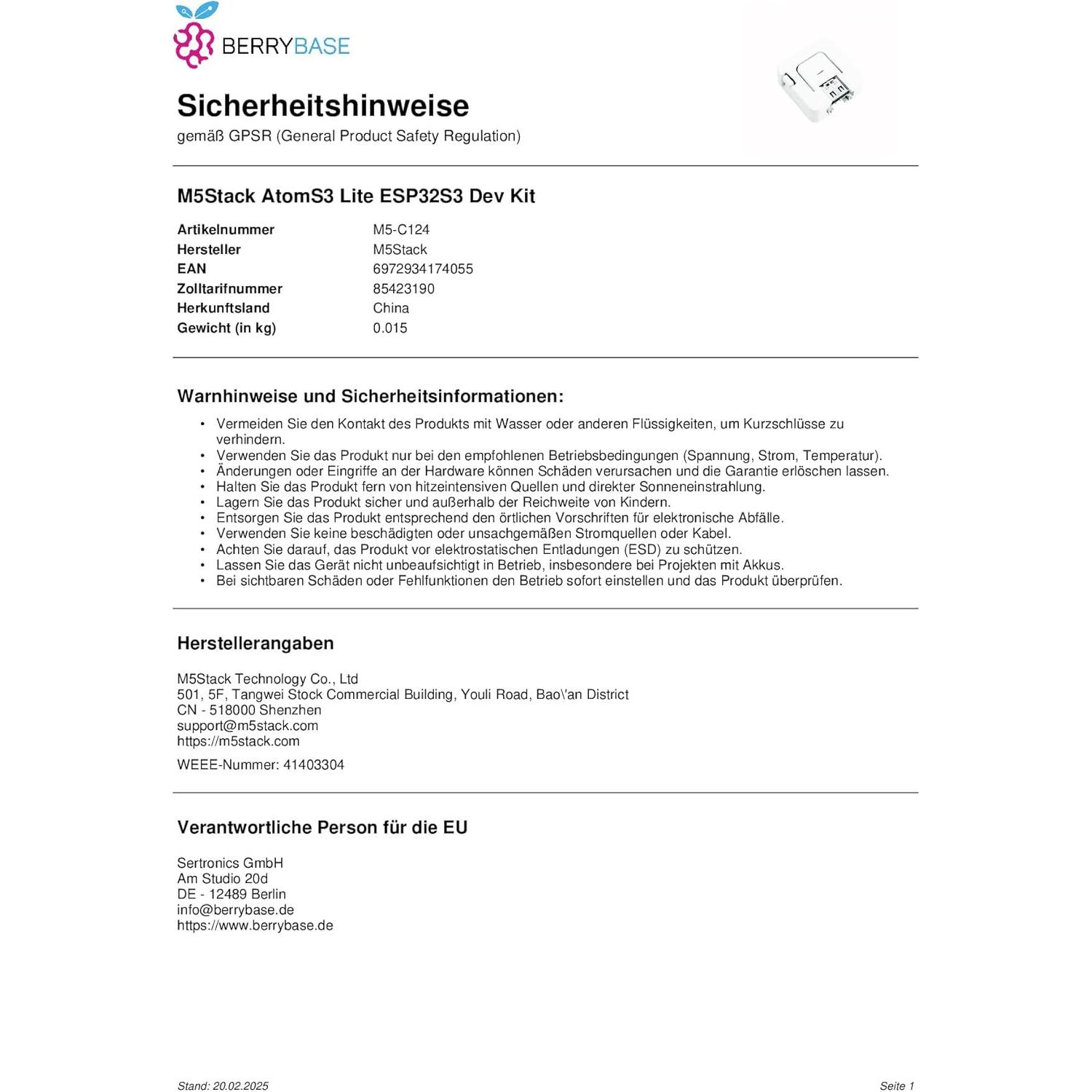M5Stack AtomS3 Lite - Kit Desarrollo IoT ESP32-S3 12g