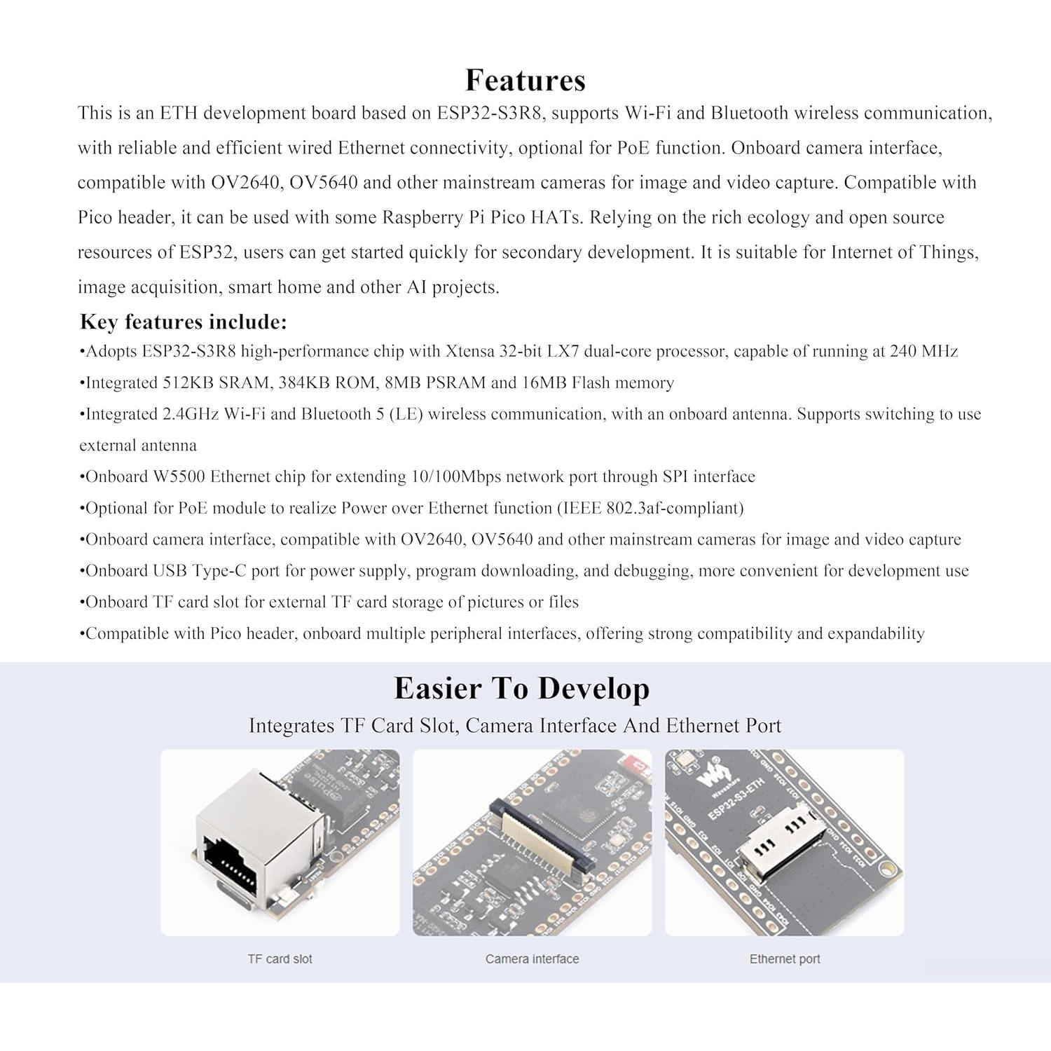 Placa de Desarrollo Ethernet Wonrabai ESP32-S3 con PoE