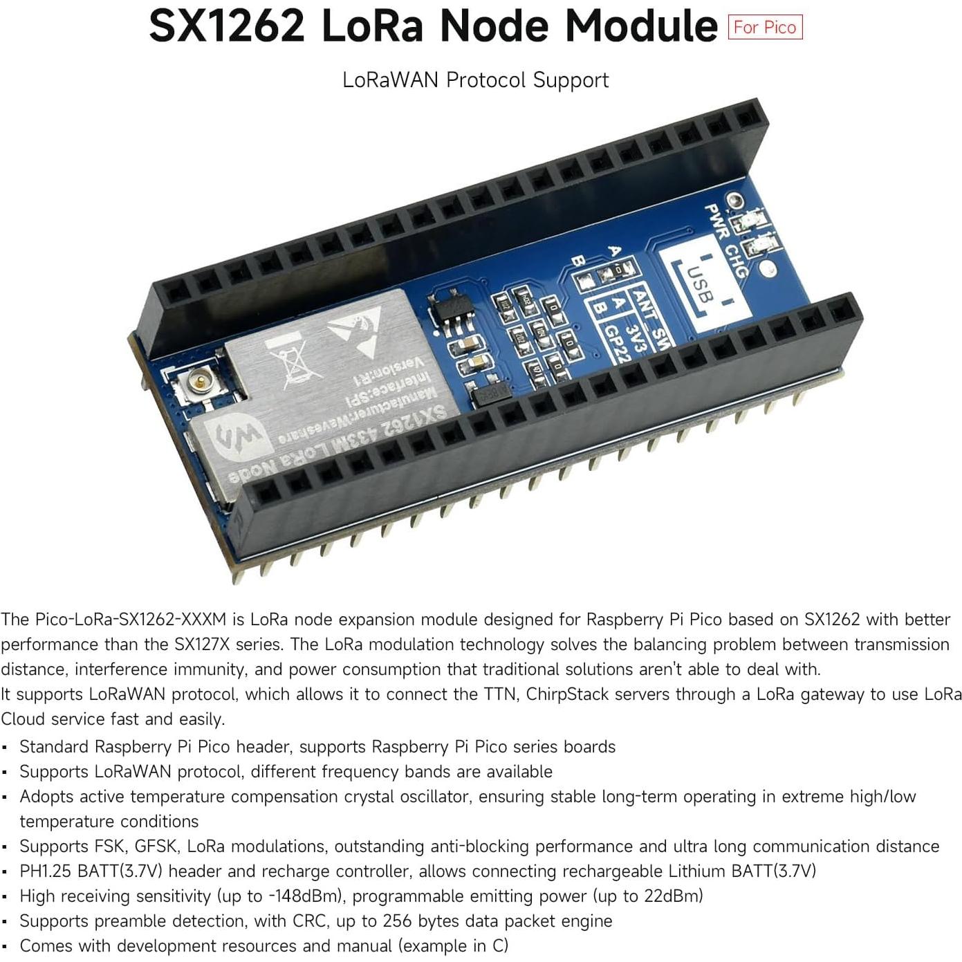 Módulo LoRa Pico SX1262 Waveshare para Raspberry Pi Pico
