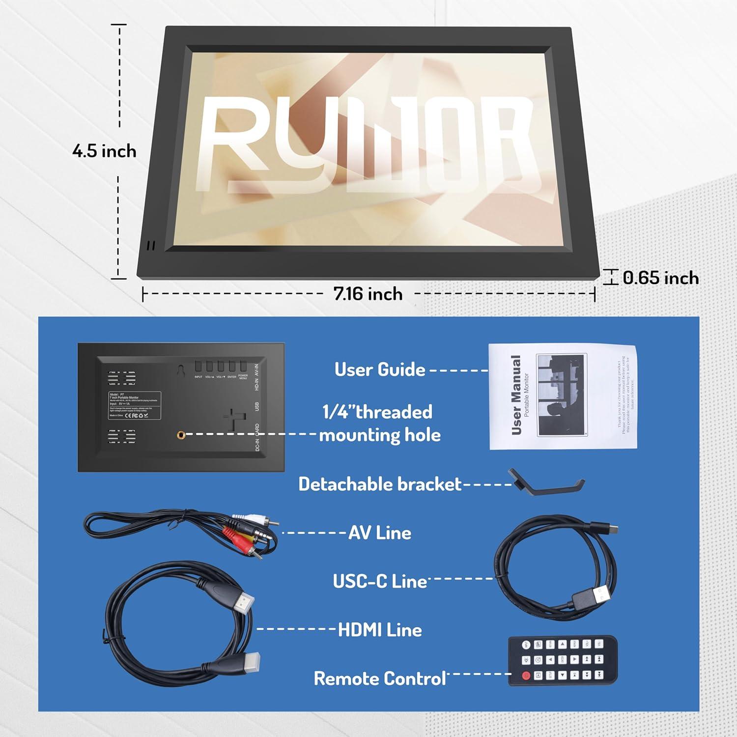 Monitor Portátil 7" Rywob P16-1 HDMI USB AV Altavoces