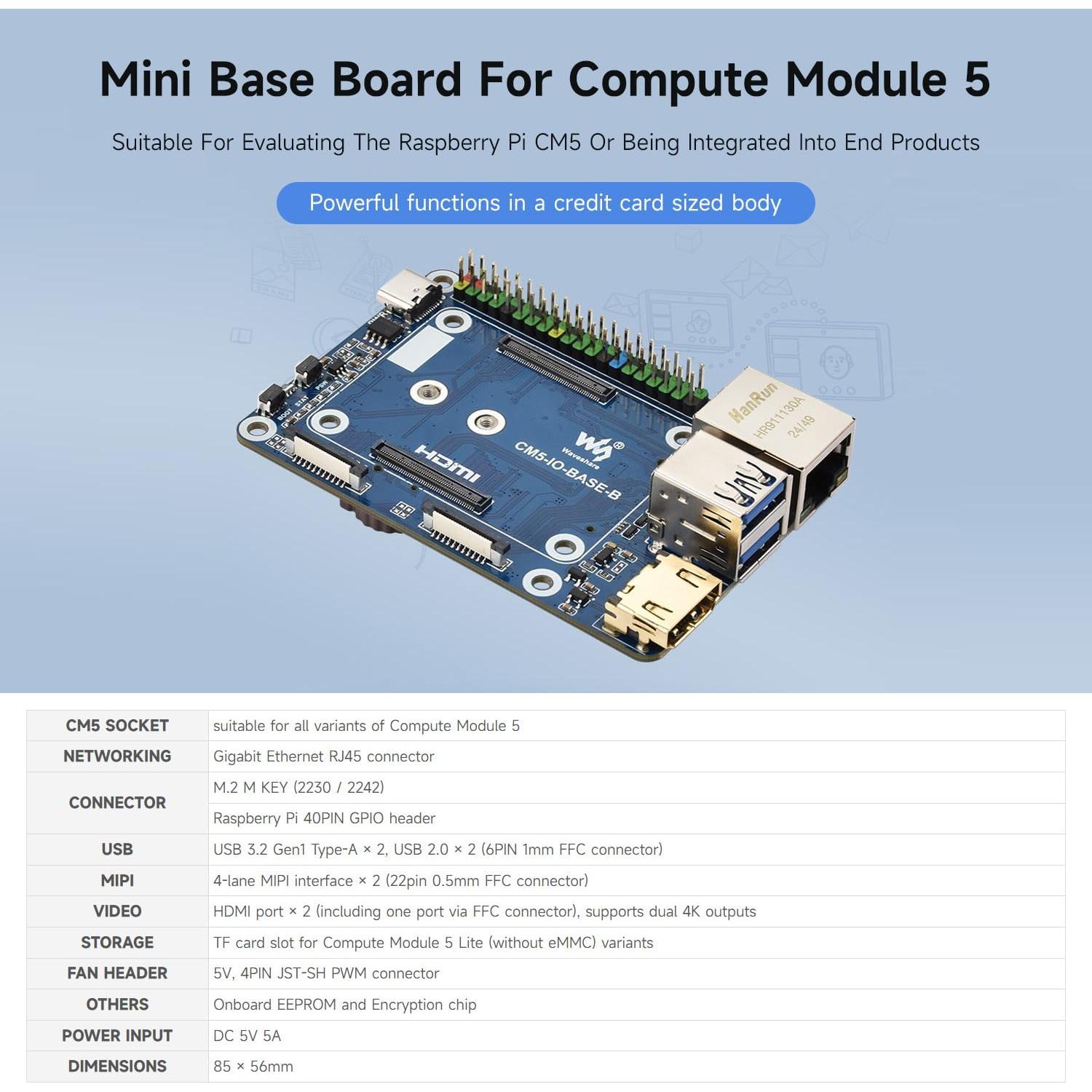 Placa Base Waveshare CM5-IO-BASE-B para Raspberry Pi 5, 4K HDMI