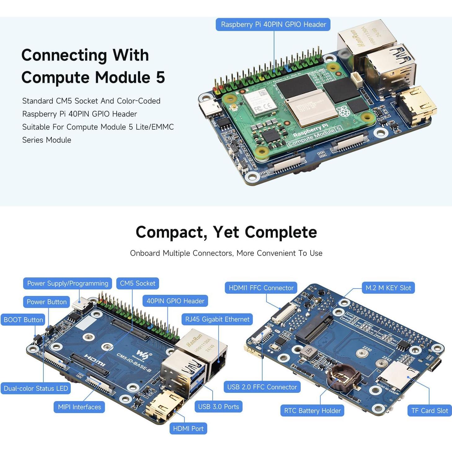 Placa Base Waveshare CM5-IO-BASE-B para Raspberry Pi 5, 4K HDMI