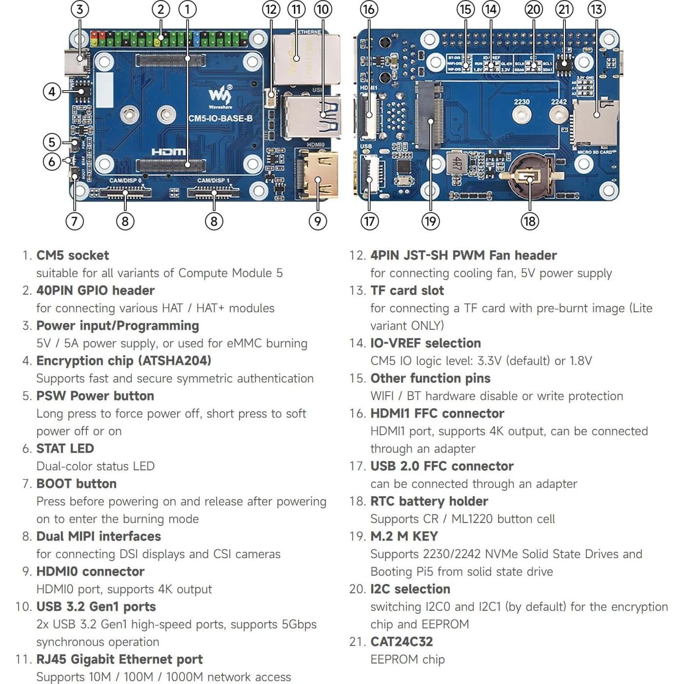 Placa Base Waveshare CM5-IO-BASE-B para Raspberry Pi 5, 4K HDMI
