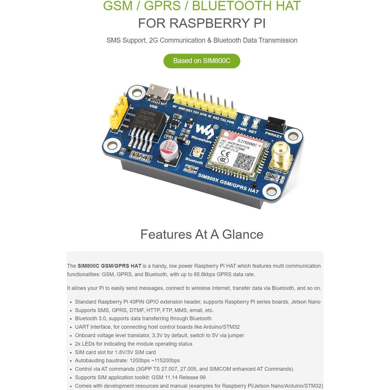 HAT GSM/GPRS Waveshare SIM800C para Raspberry Pi y Jetson Nano