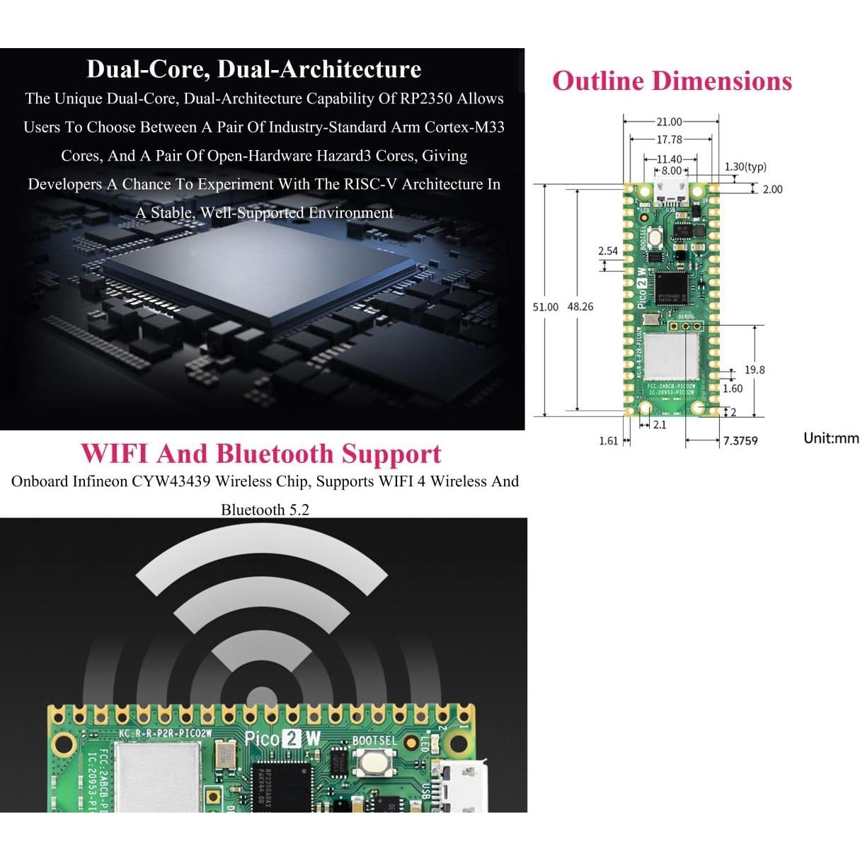 Placa Microcontrolador UeeKKoo Pico 2 W con WiFi y Bluetooth